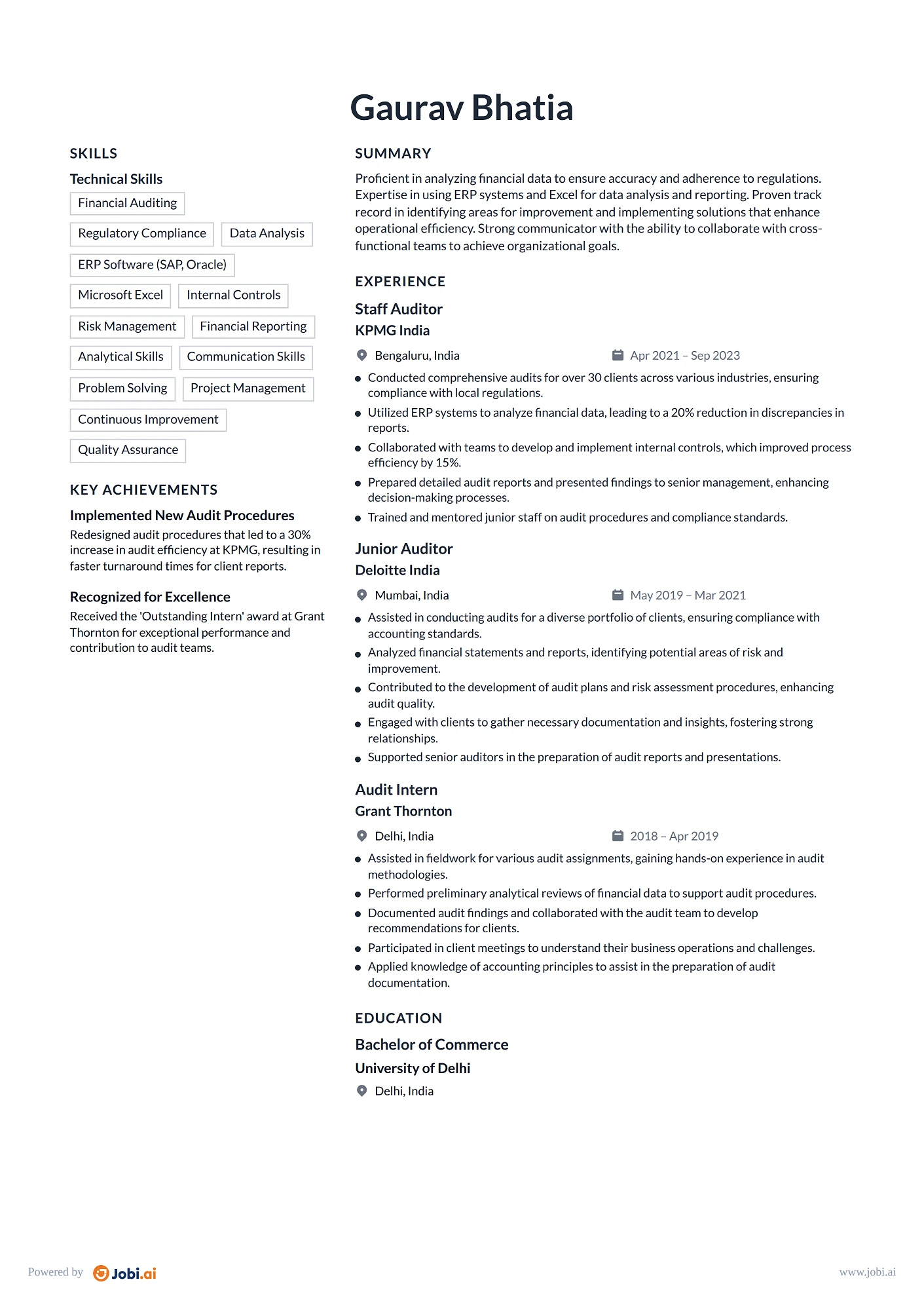 Auditor resume example — Staff Auditor