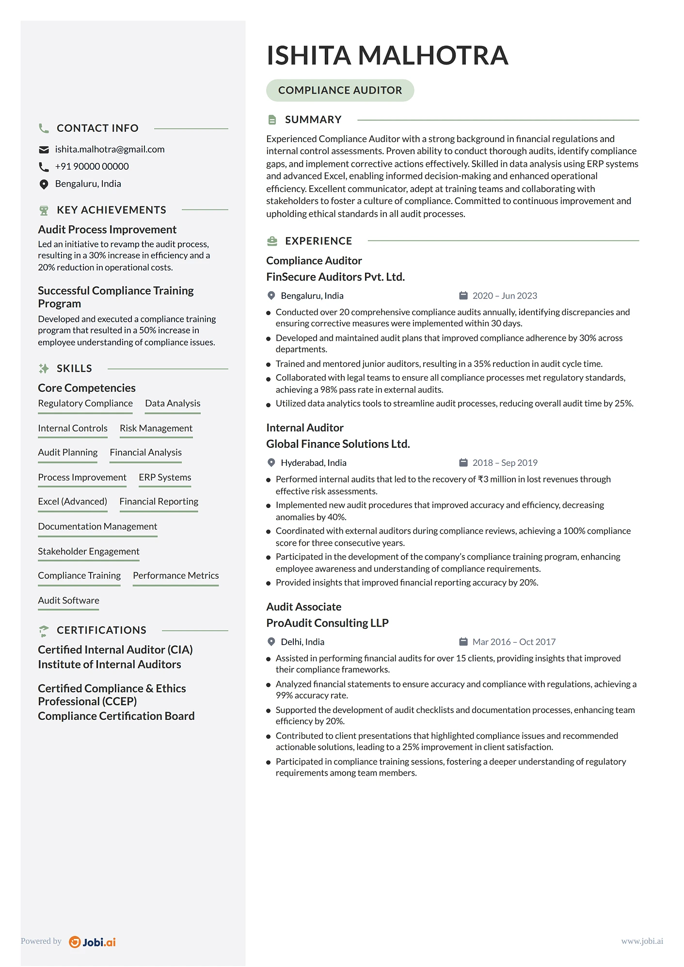 Auditor resume example — Compliance Auditor
