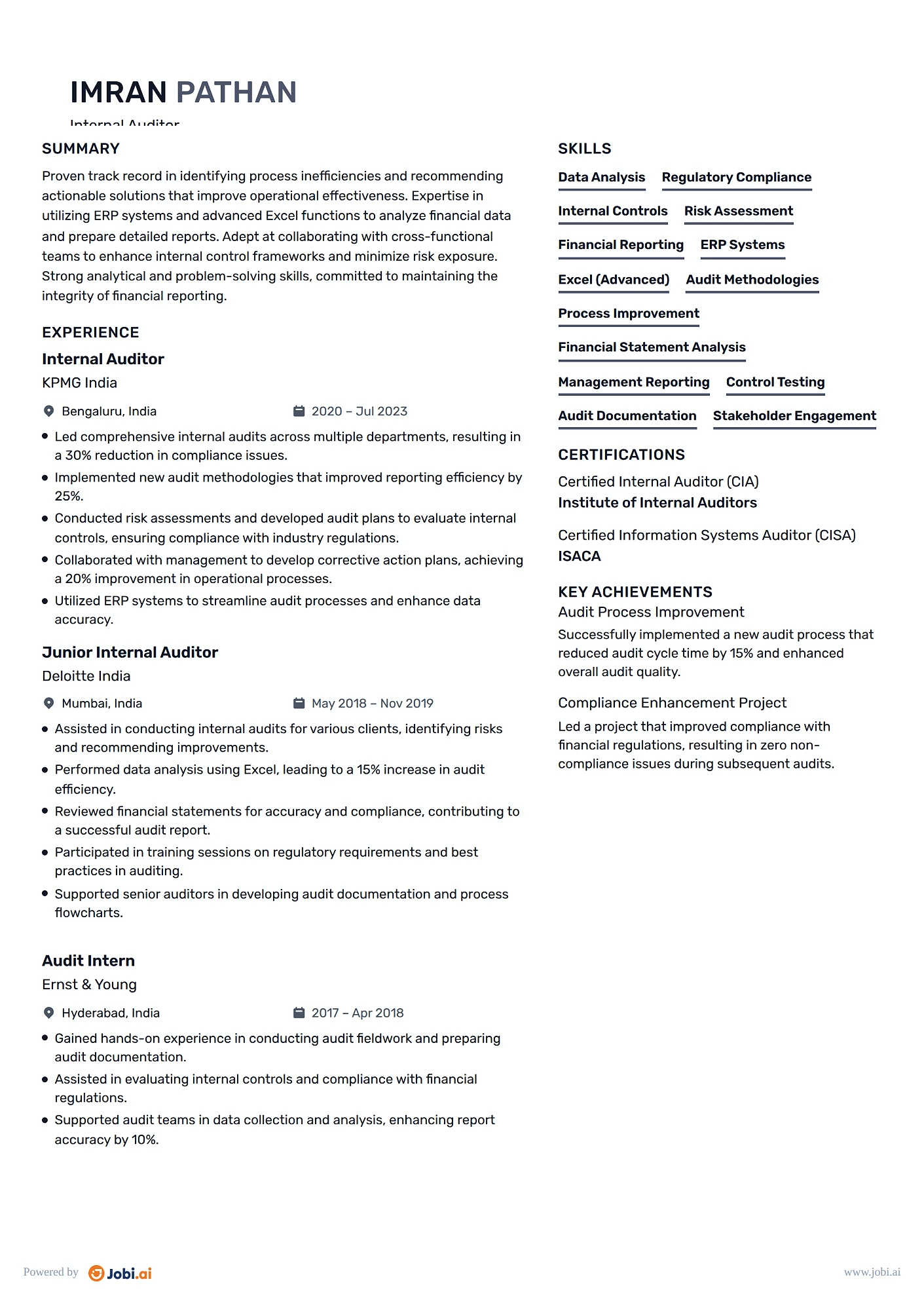 Auditor resume example — Internal Auditor