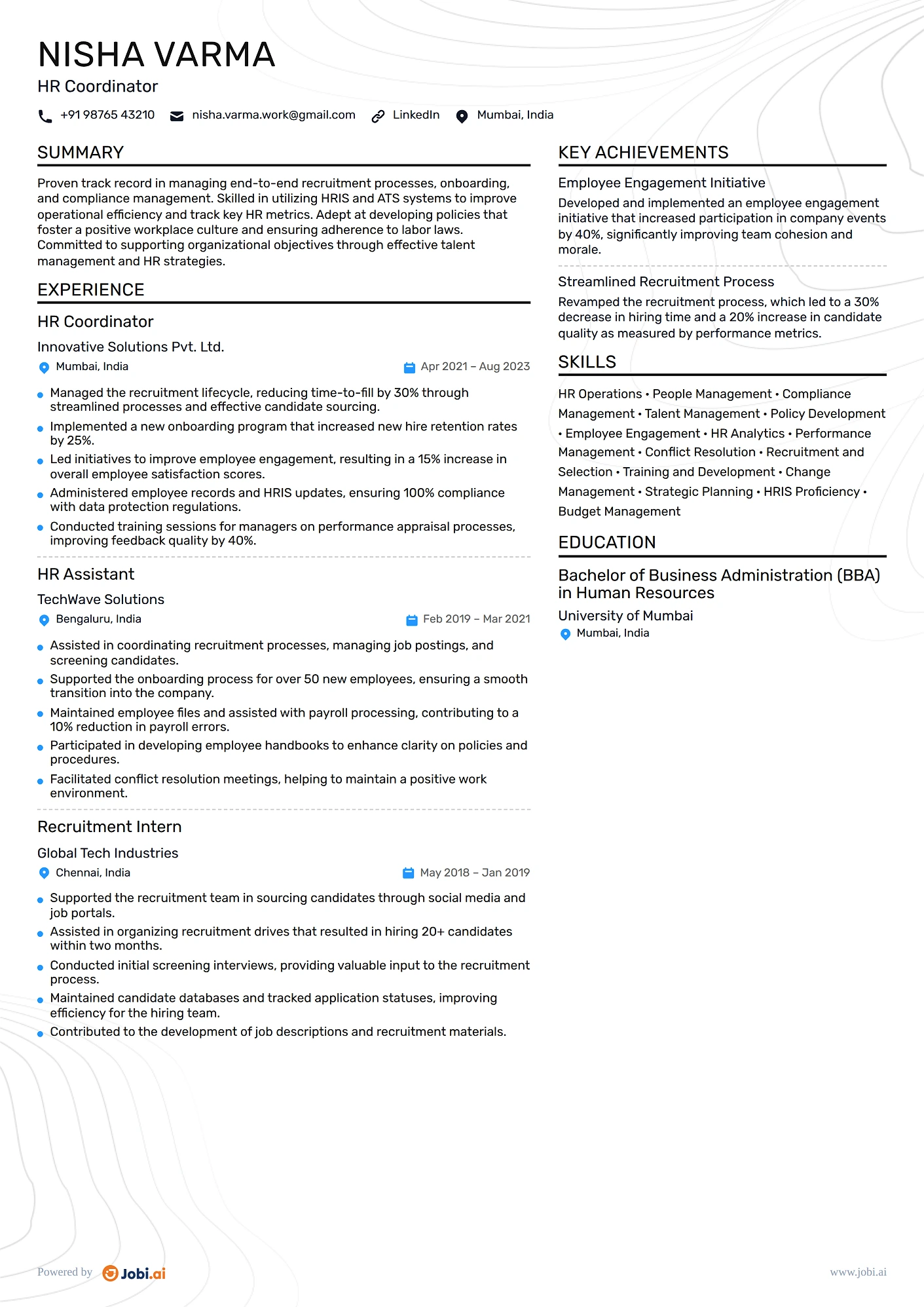 HR Coordinator resume example