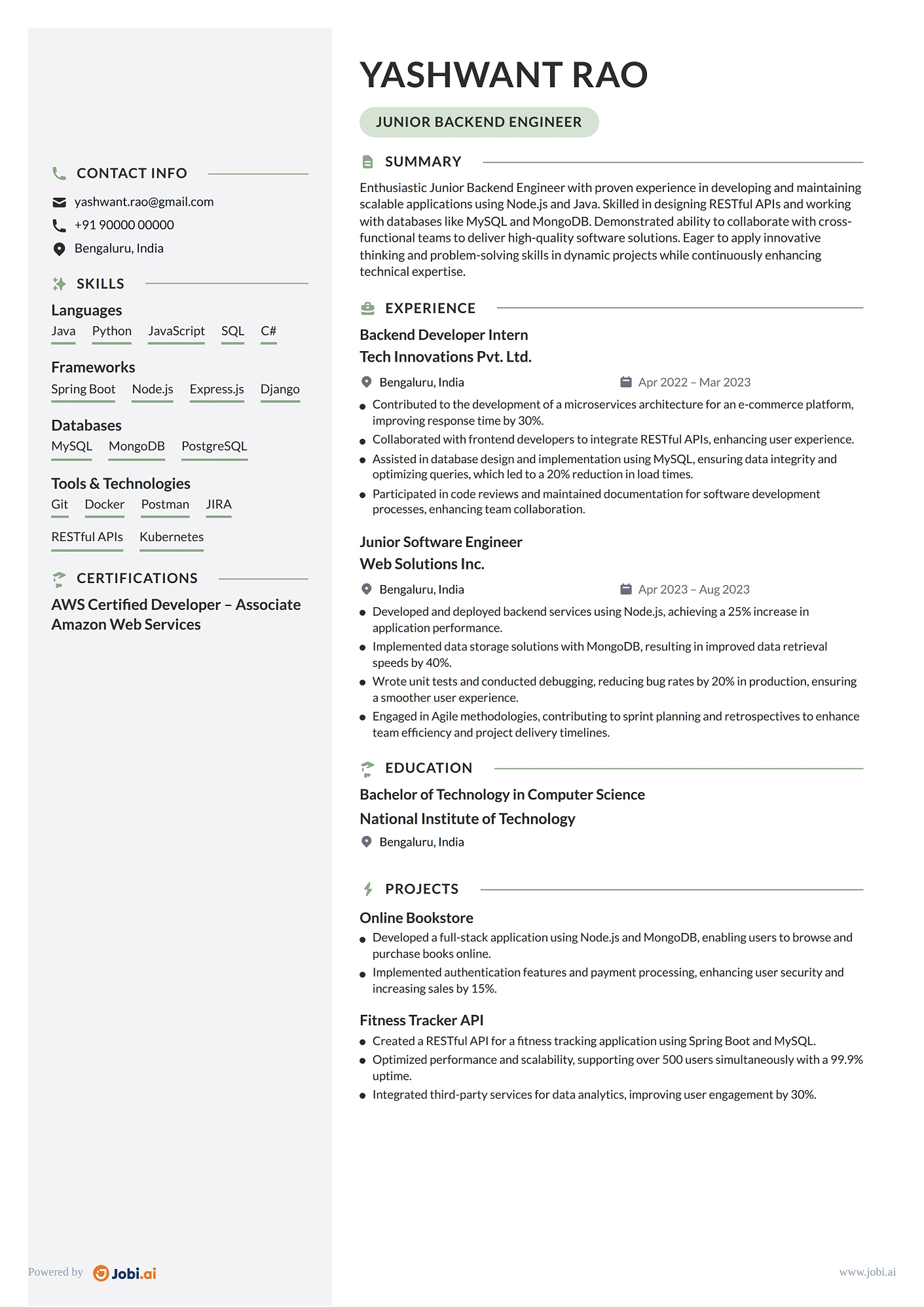 Backend Engineer resume example — Junior Backend Engineer