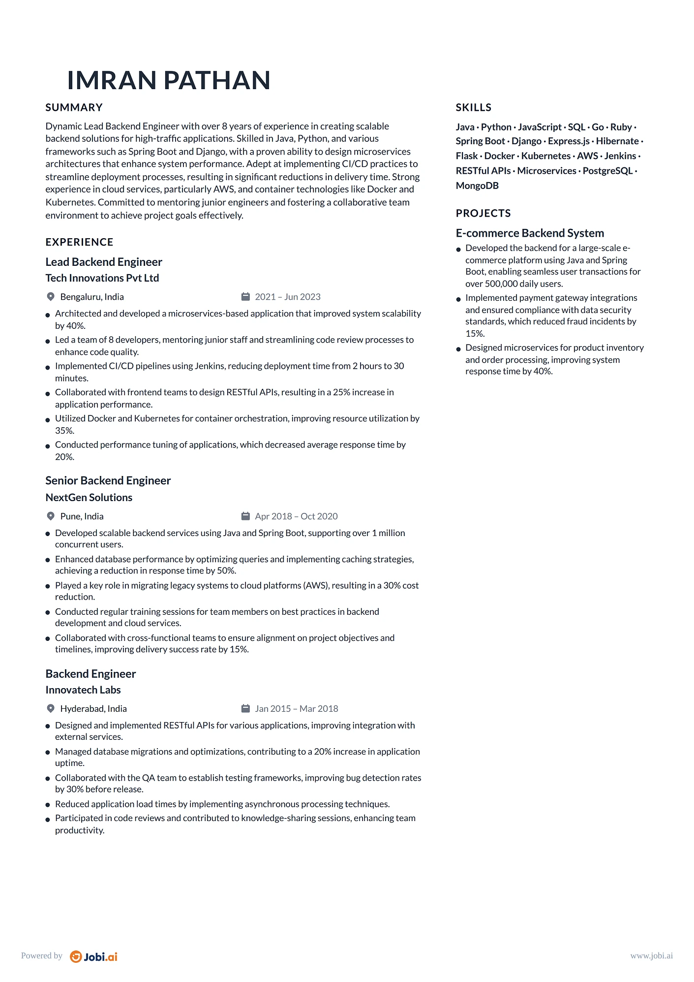 Backend Engineer resume example — Lead Backend Engineer