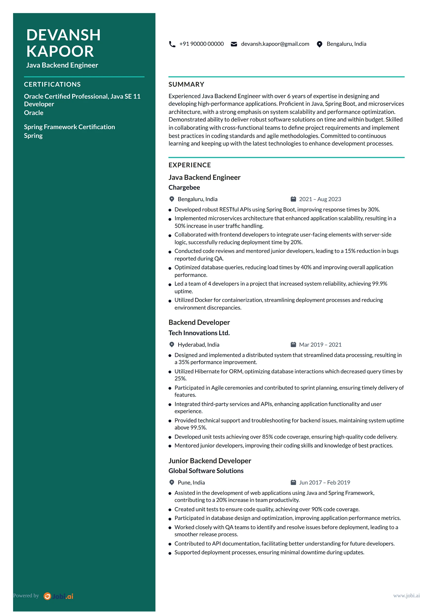 Backend Engineer resume example — Java Backend Engineer