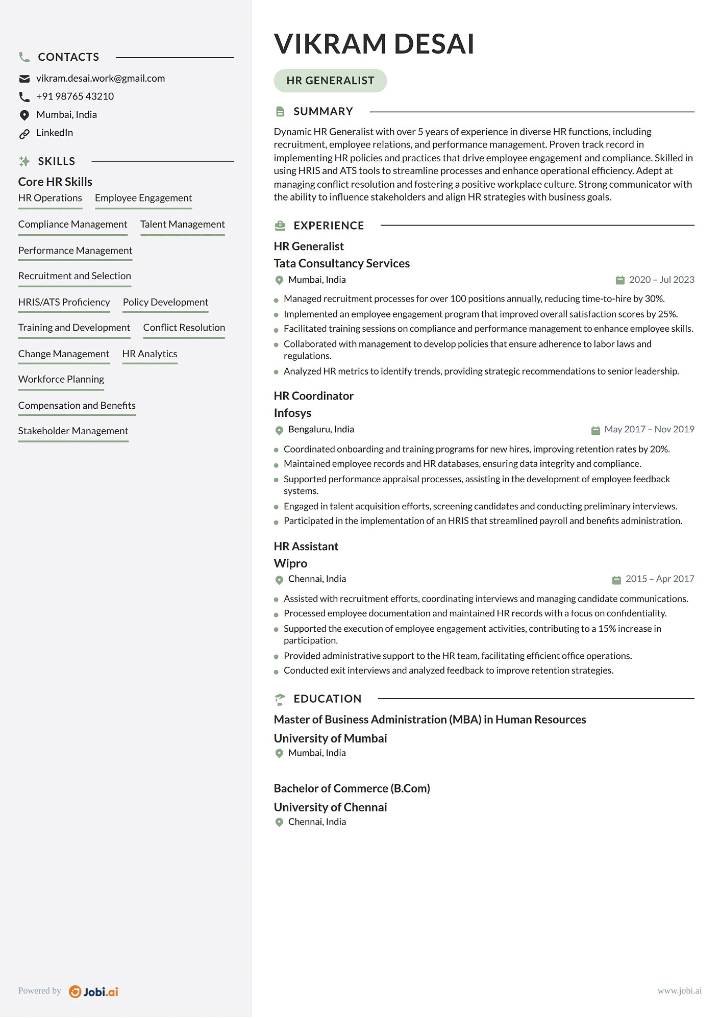 HR Generalist resume example