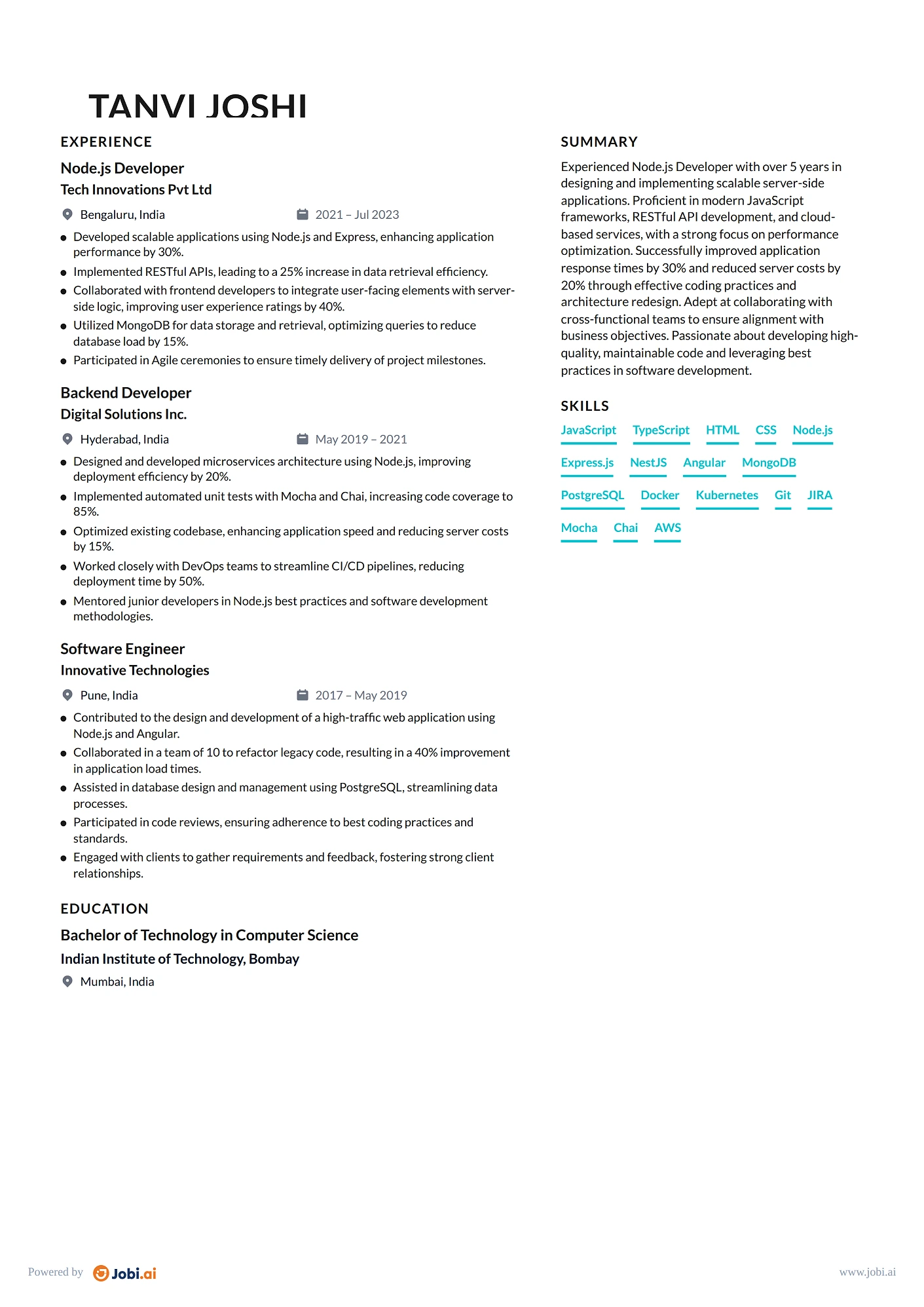Backend Engineer resume example — Node.js Developer