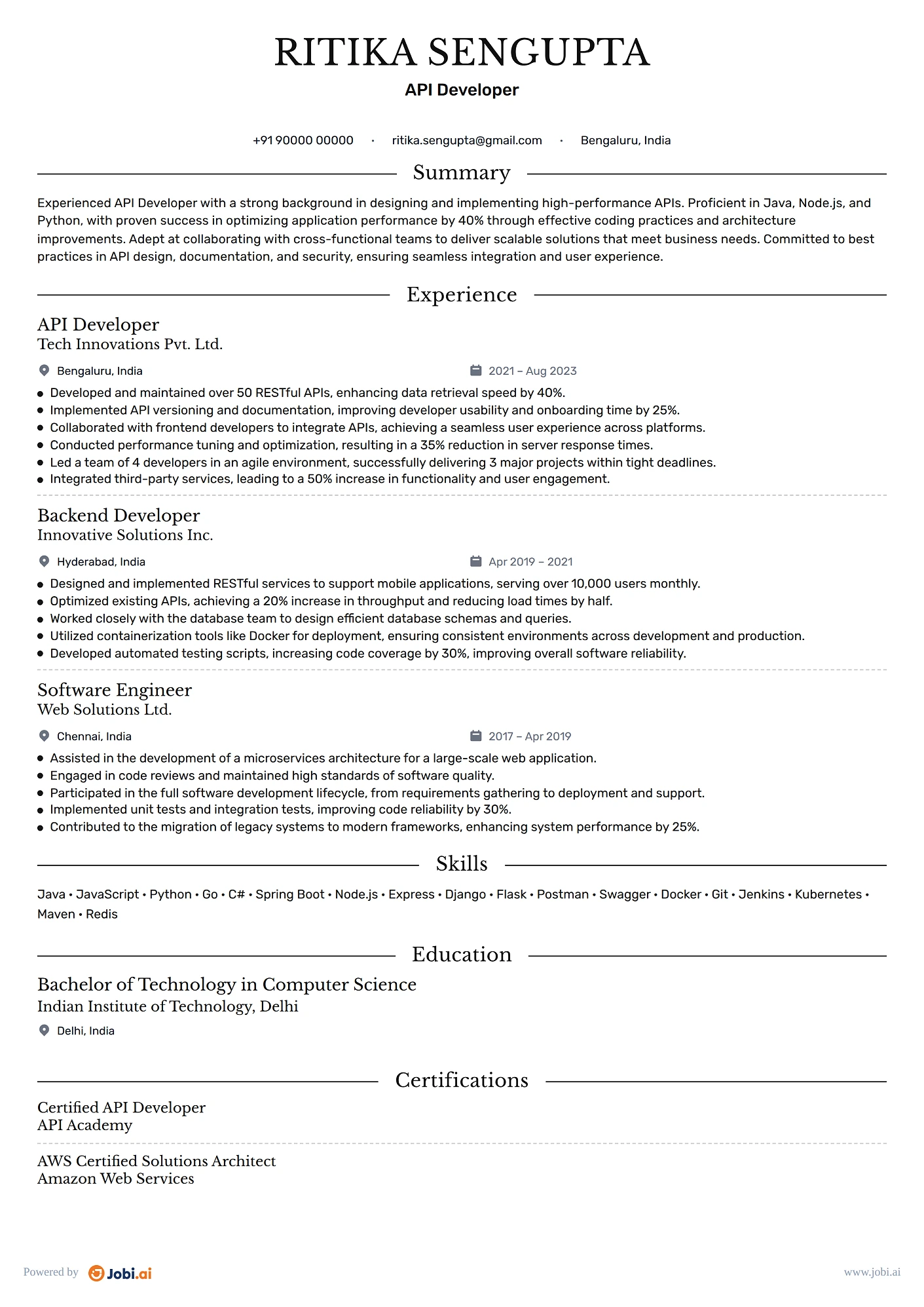 Backend Engineer resume example — API Developer