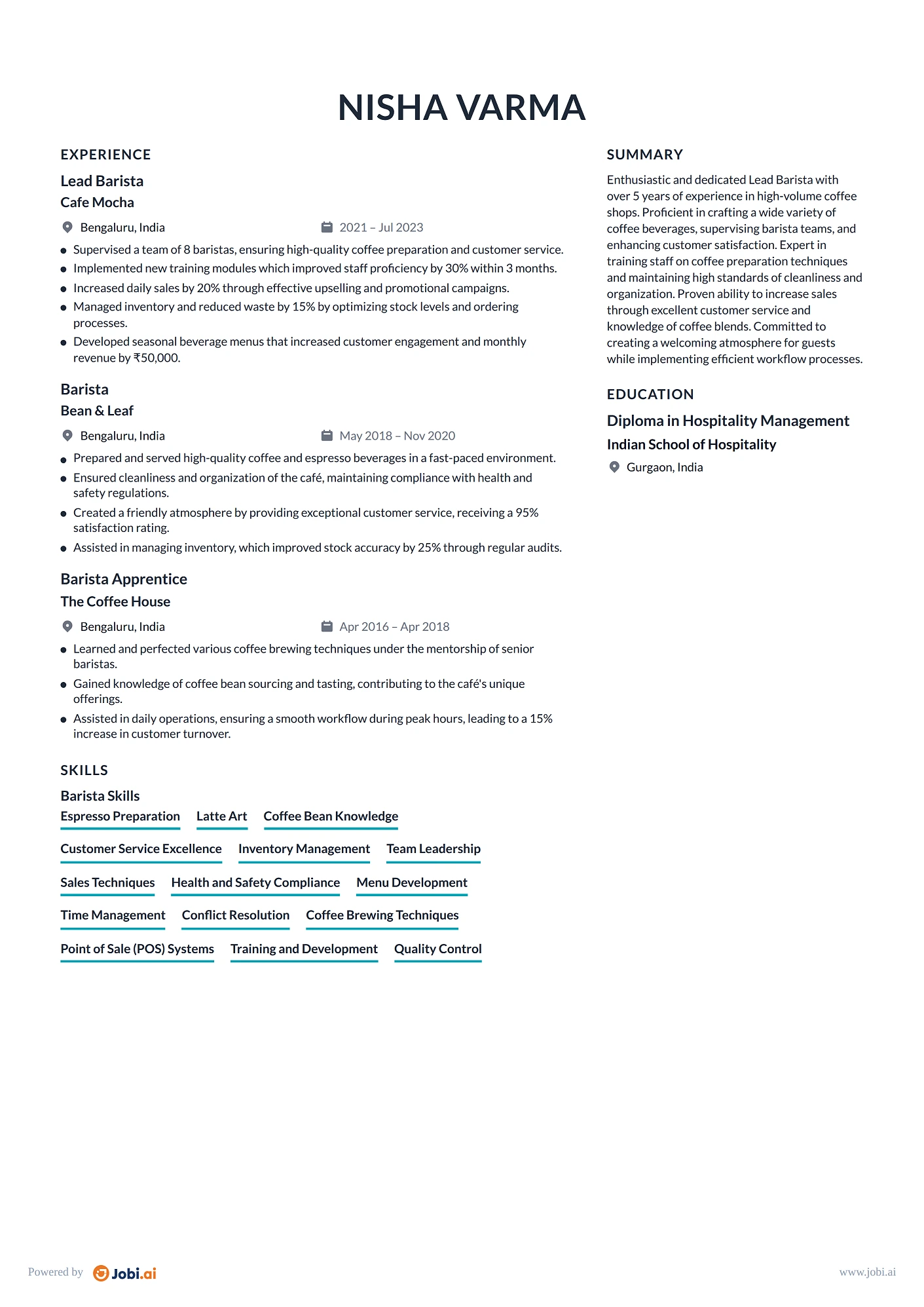 Barista resume example — Lead Barista