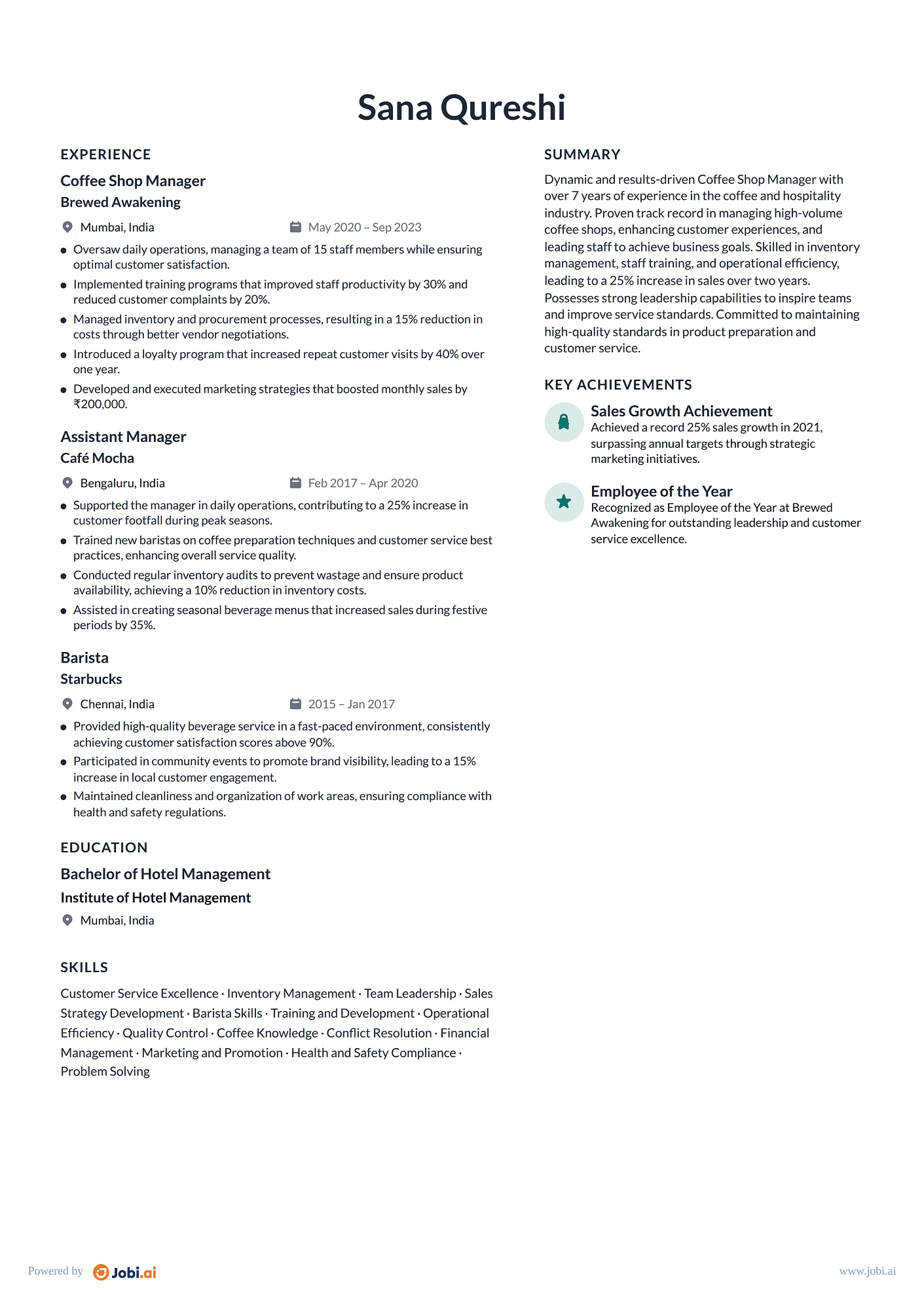 Barista resume example — Coffee Shop Manager