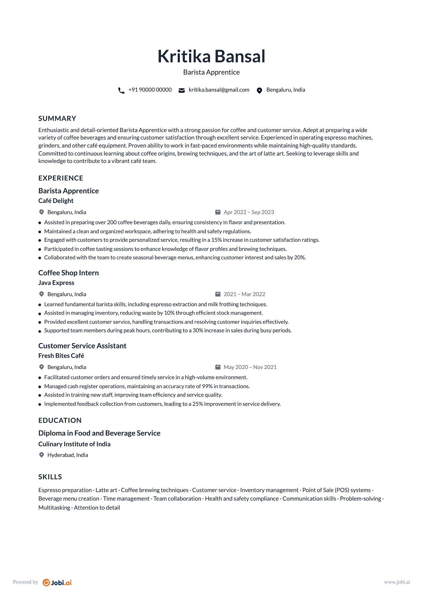 Barista resume example — Barista Apprentice