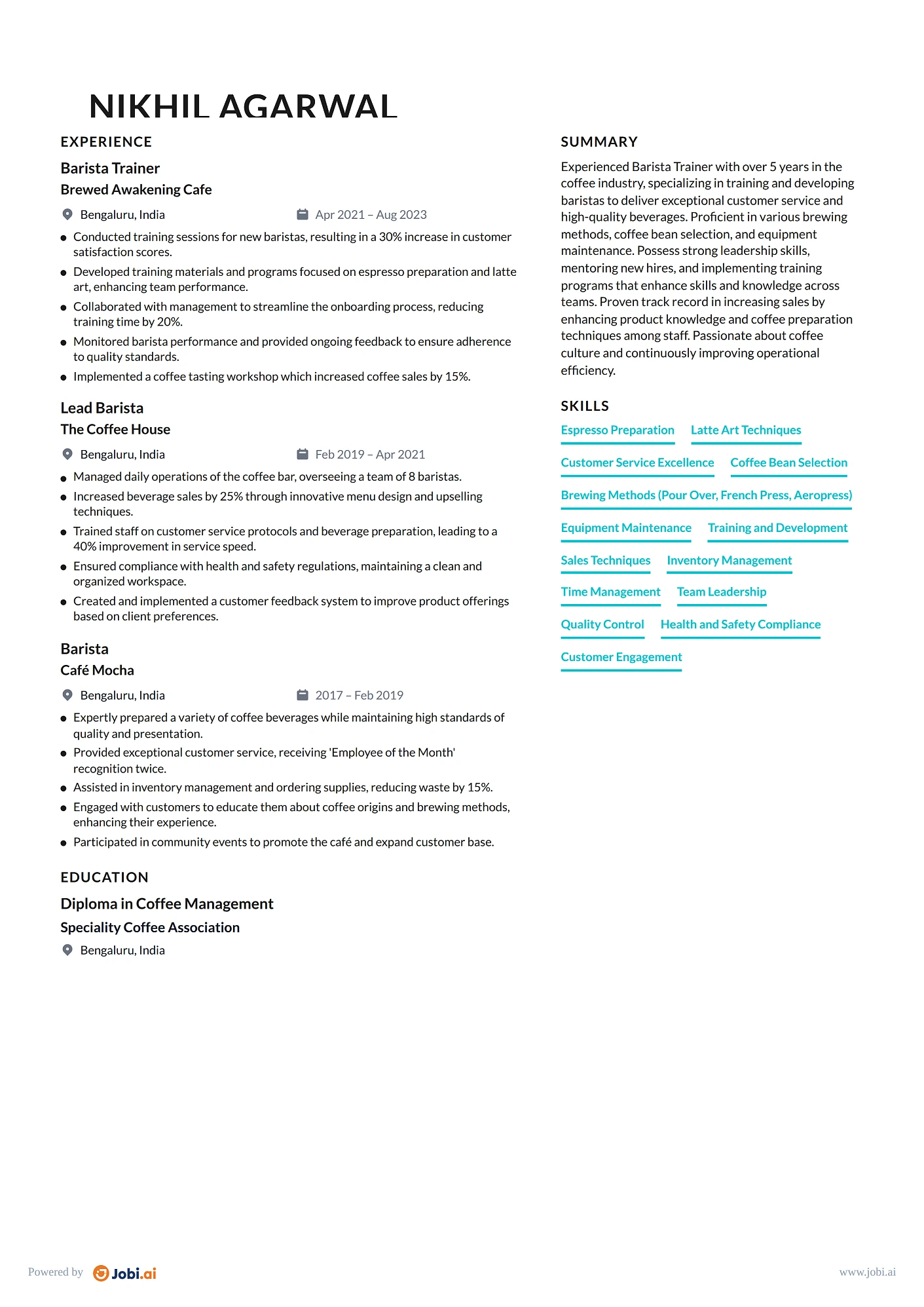 Barista resume example — Barista Trainer