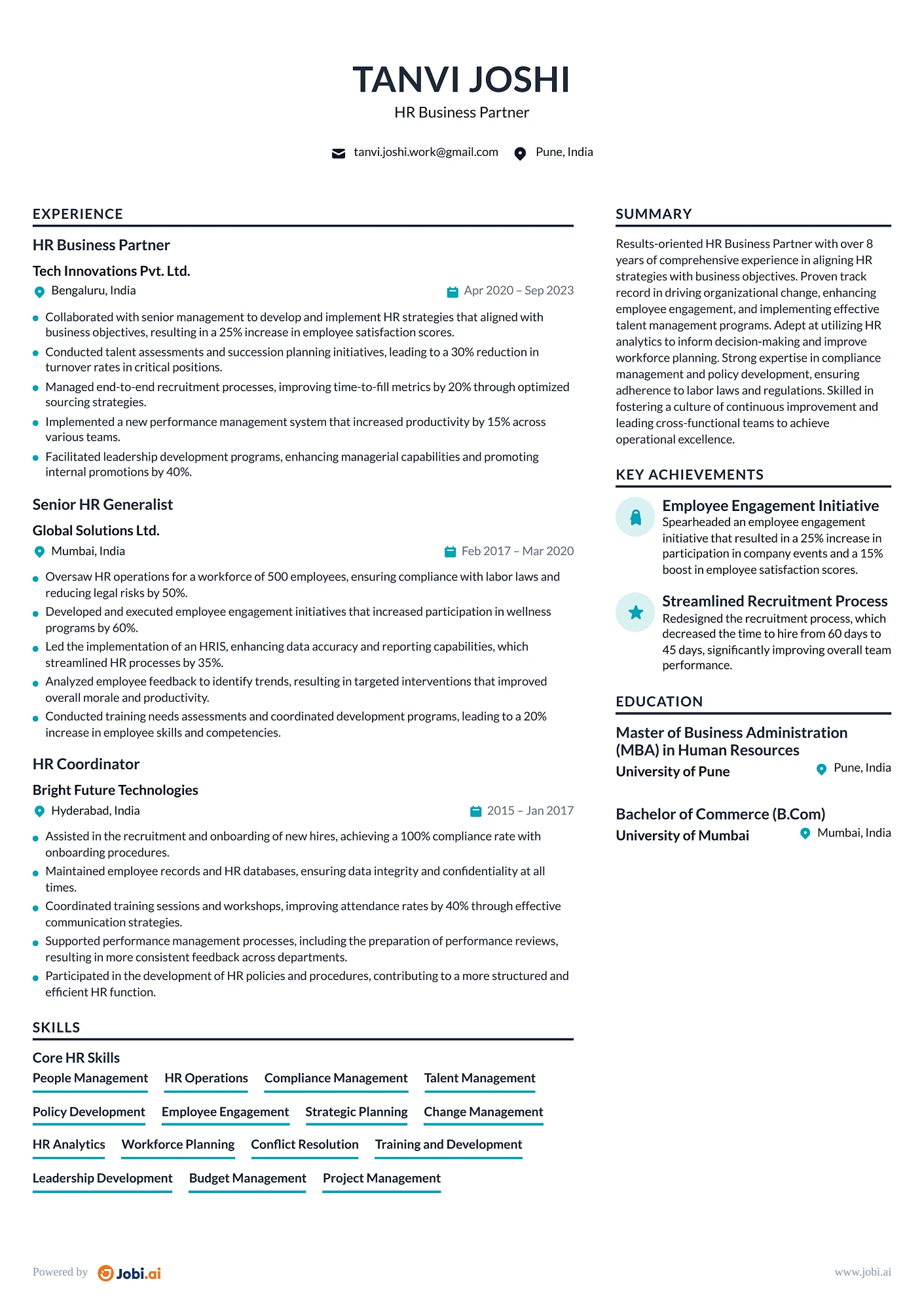 HR Business Partner resume example