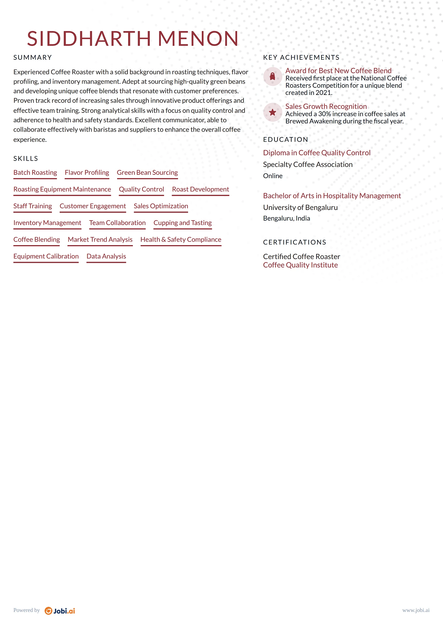 Barista resume example — Coffee Roaster
