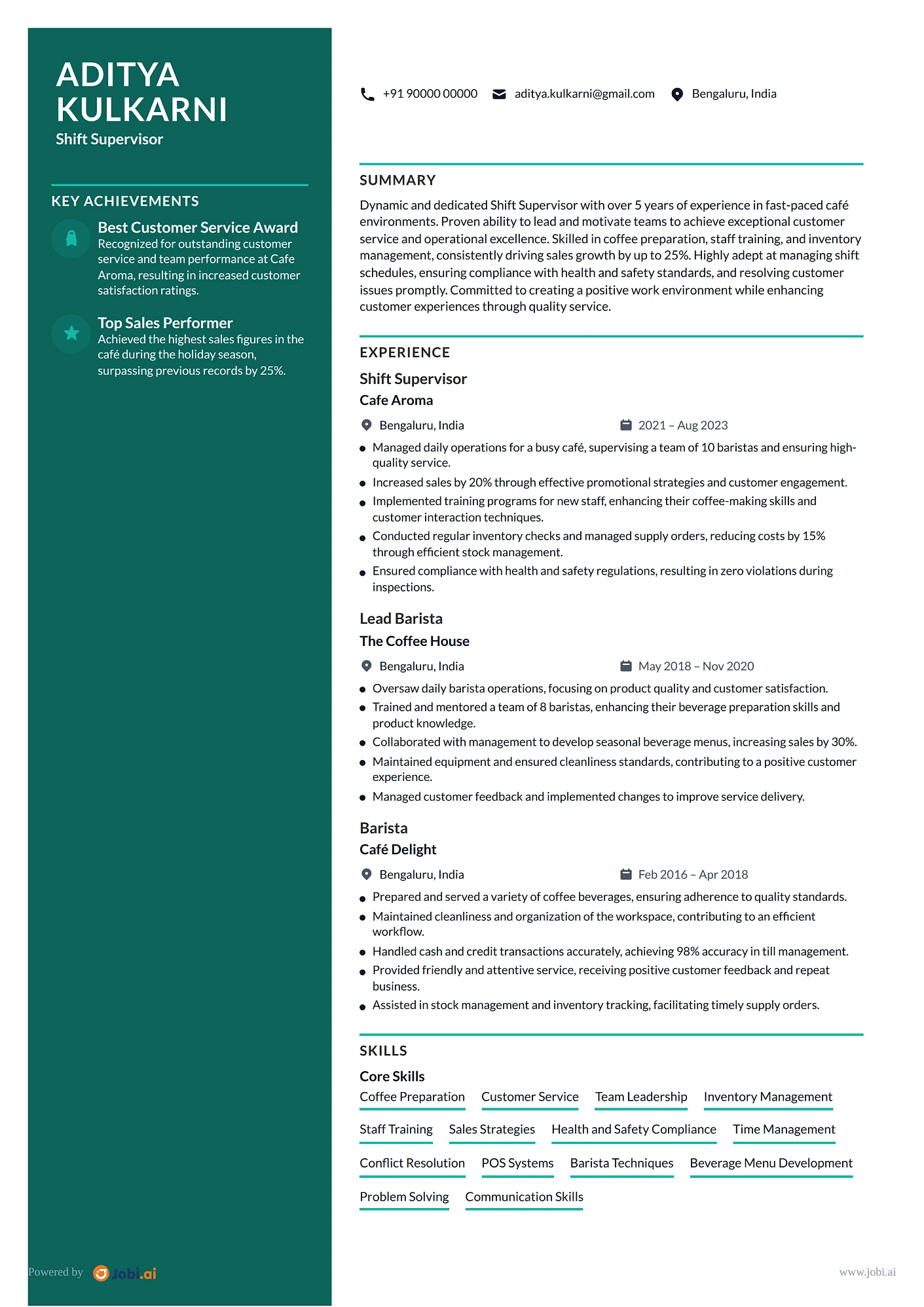 Barista resume example — Shift Supervisor