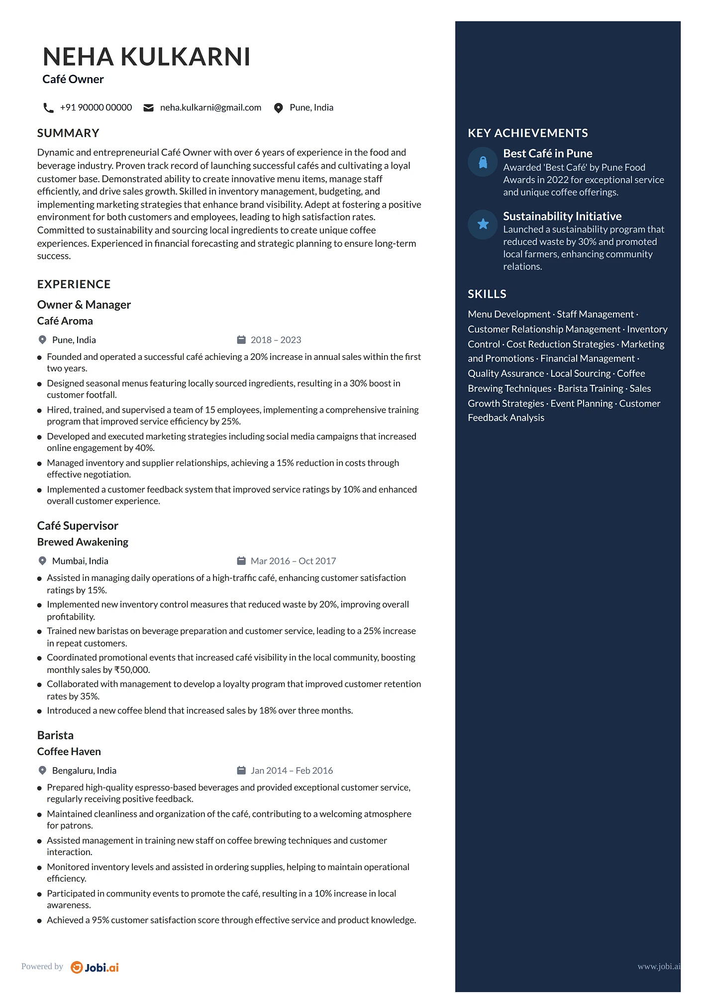 Barista resume example — Café Owner