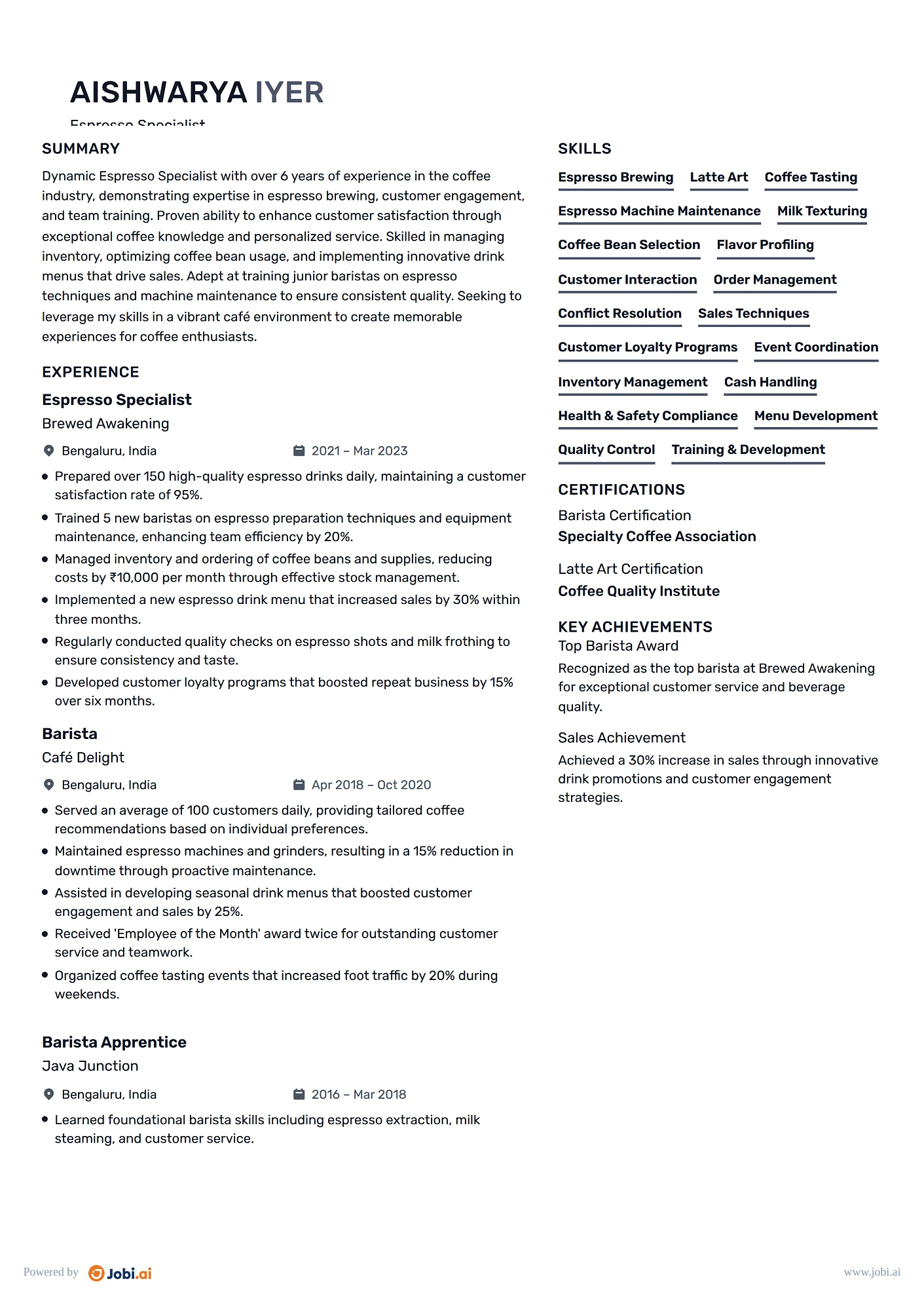 Barista resume example — Espresso Specialist