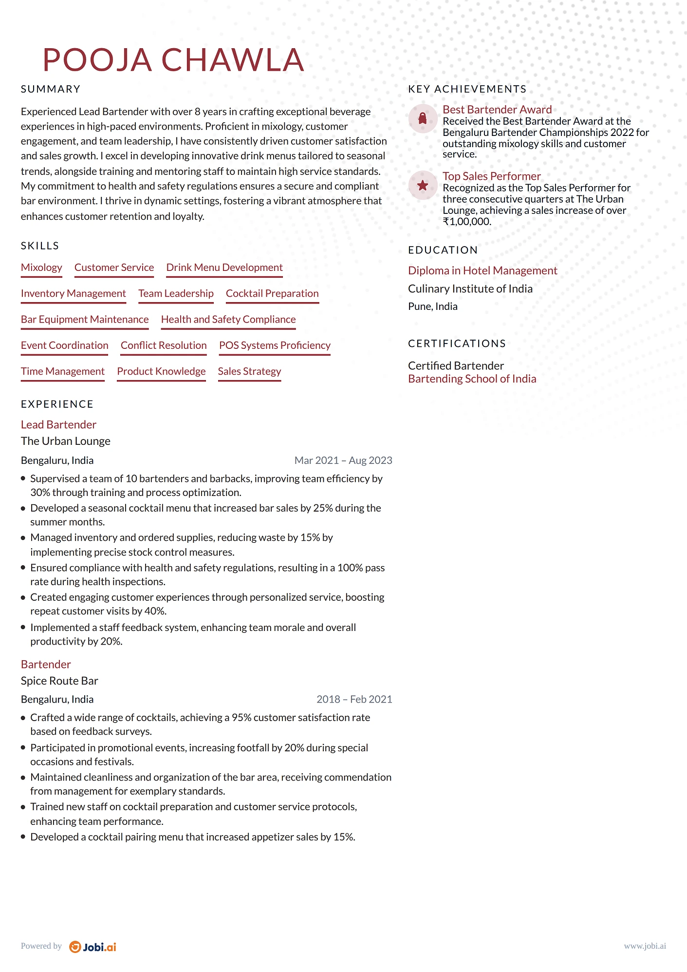 Bartender resume example — Lead Bartender