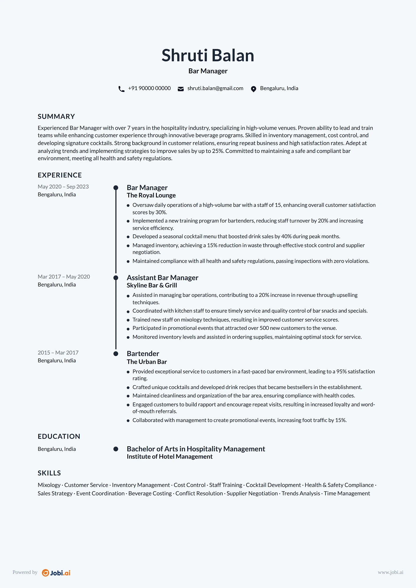 Bartender resume example — Bar Manager