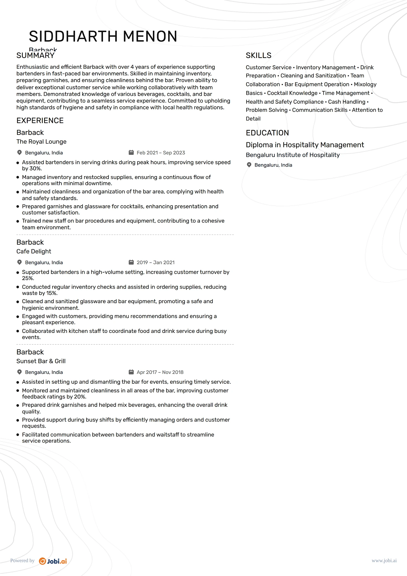 Bartender resume example — Barback