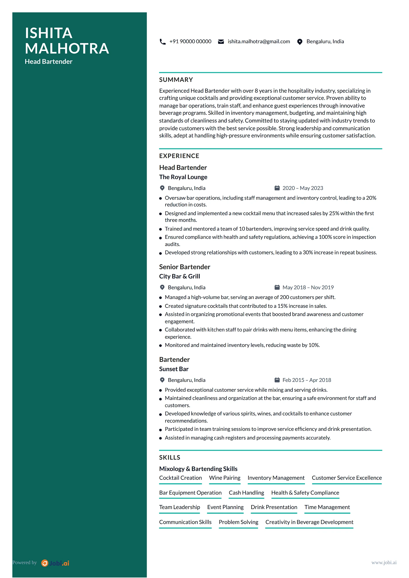Bartender resume example — Head Bartender