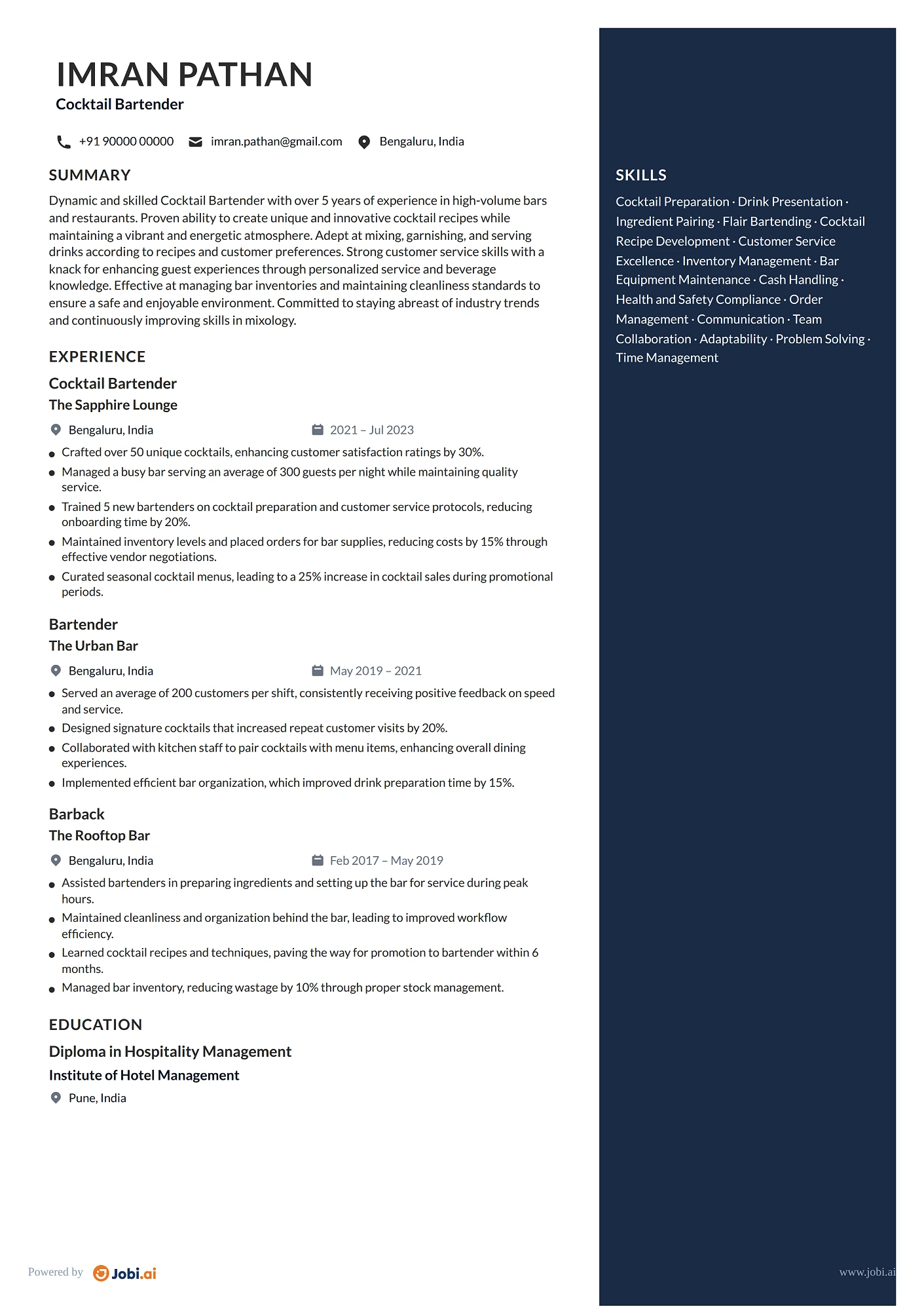 Bartender resume example — Cocktail Bartender