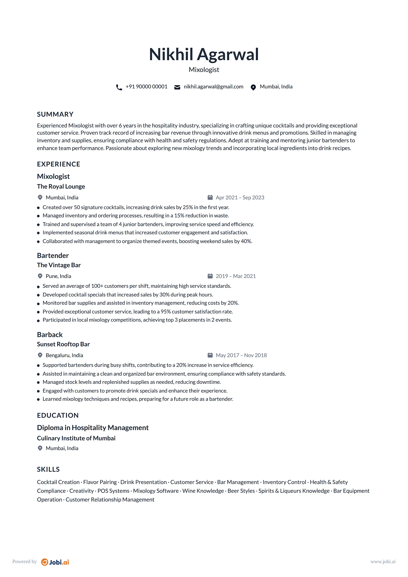 Bartender resume example — Mixologist