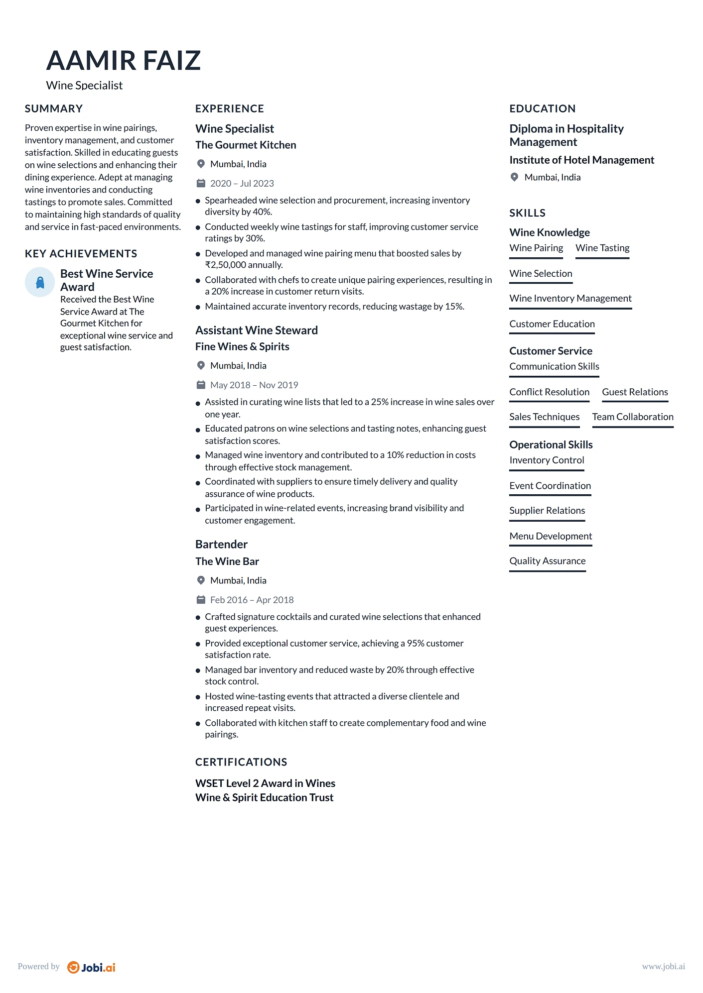 Bartender resume example — Wine Specialist