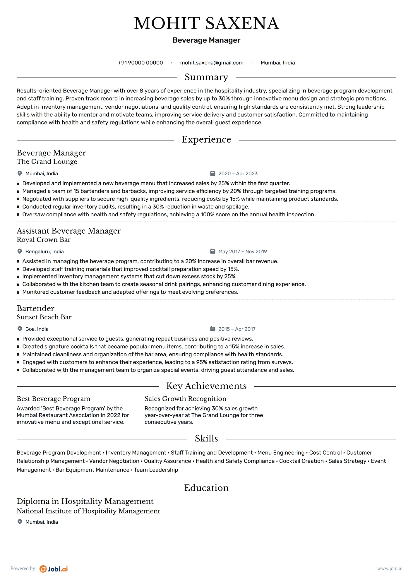 Bartender resume example — Beverage Manager