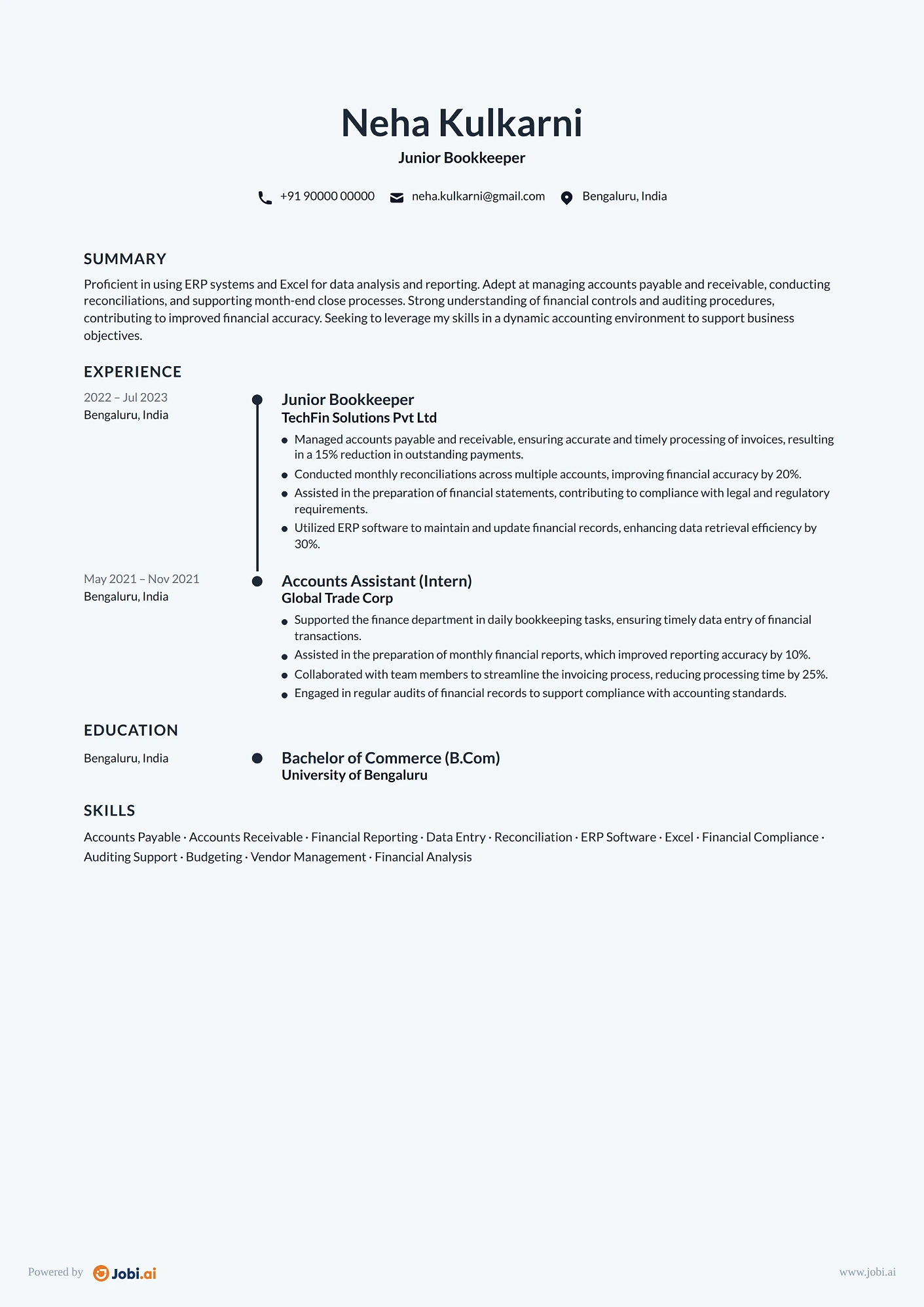 Bookkeeper resume example — Junior Bookkeeper