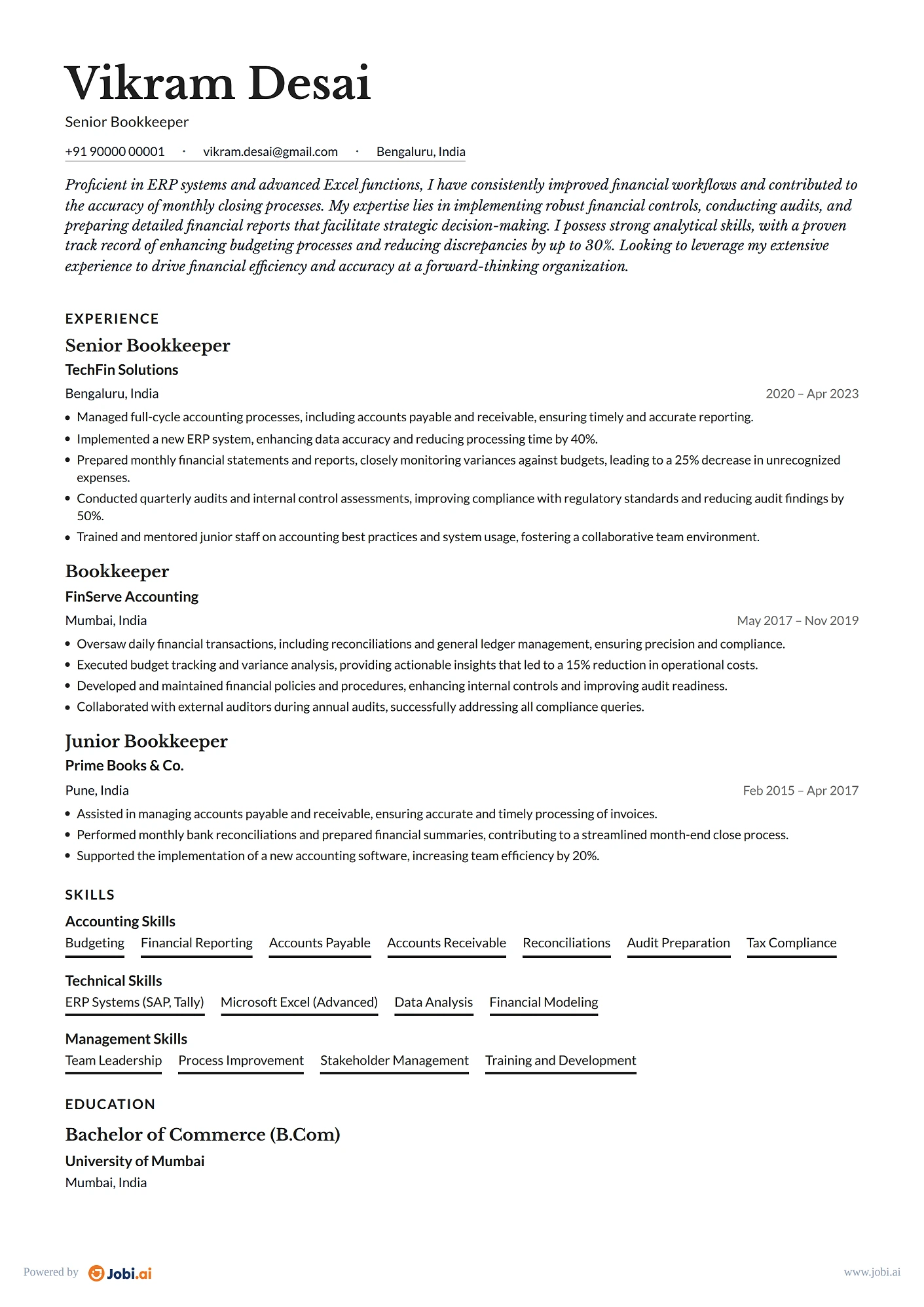Bookkeeper resume example — Senior Bookkeeper