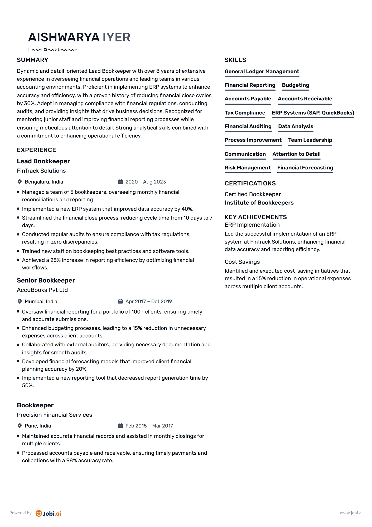 Bookkeeper resume example — Lead Bookkeeper