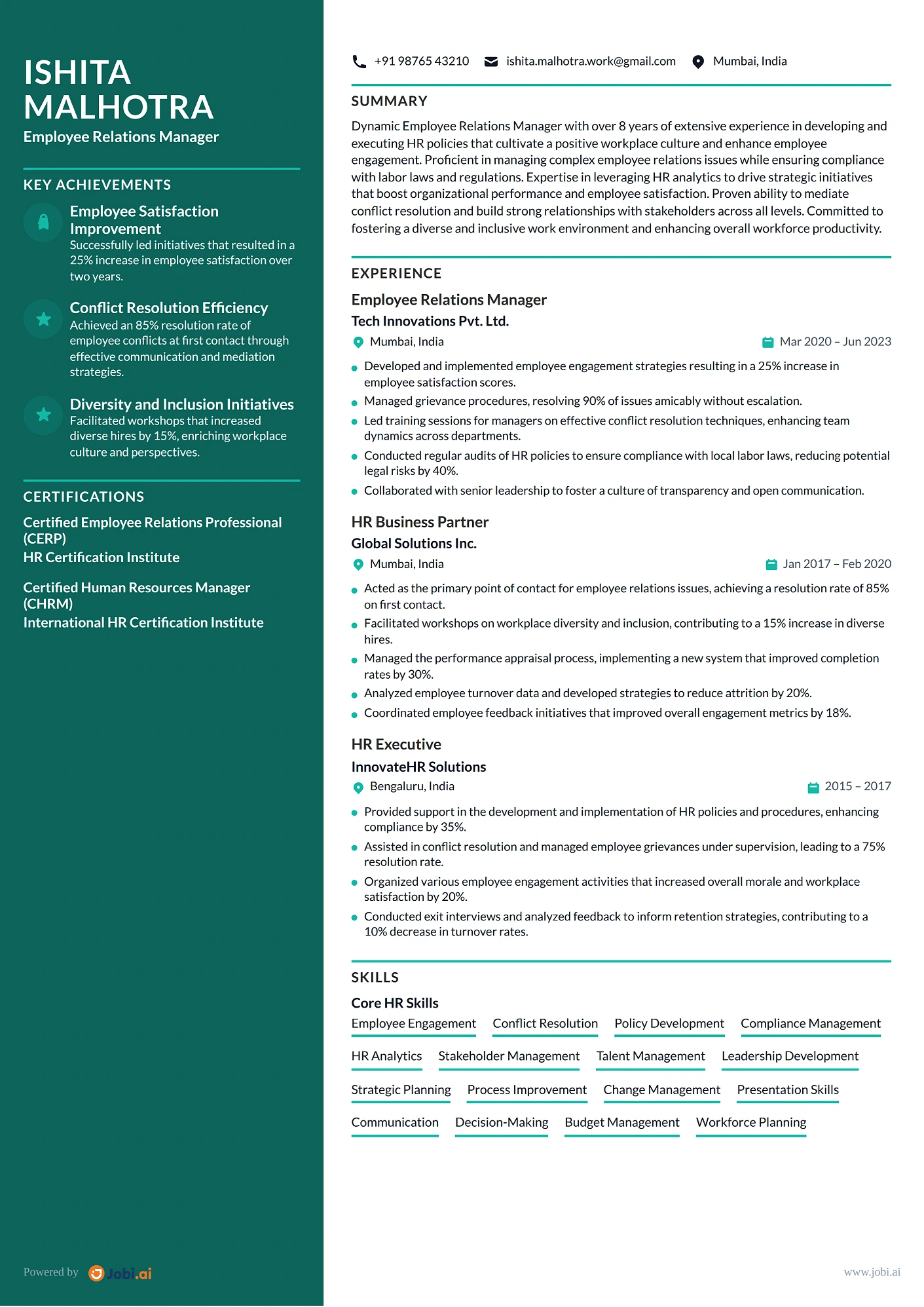Employee Relations Manager resume example