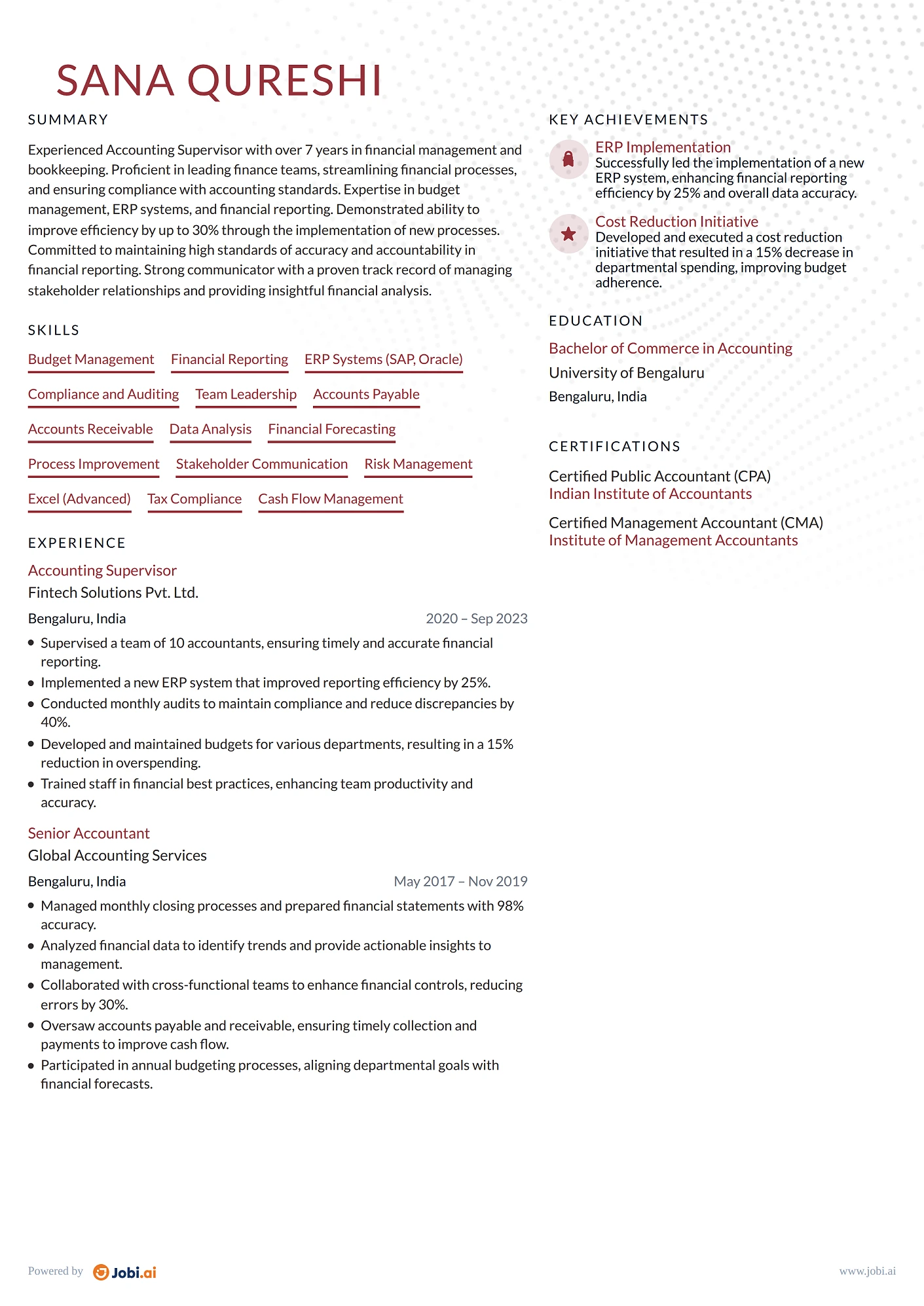 Bookkeeper resume example — Accounting Supervisor
