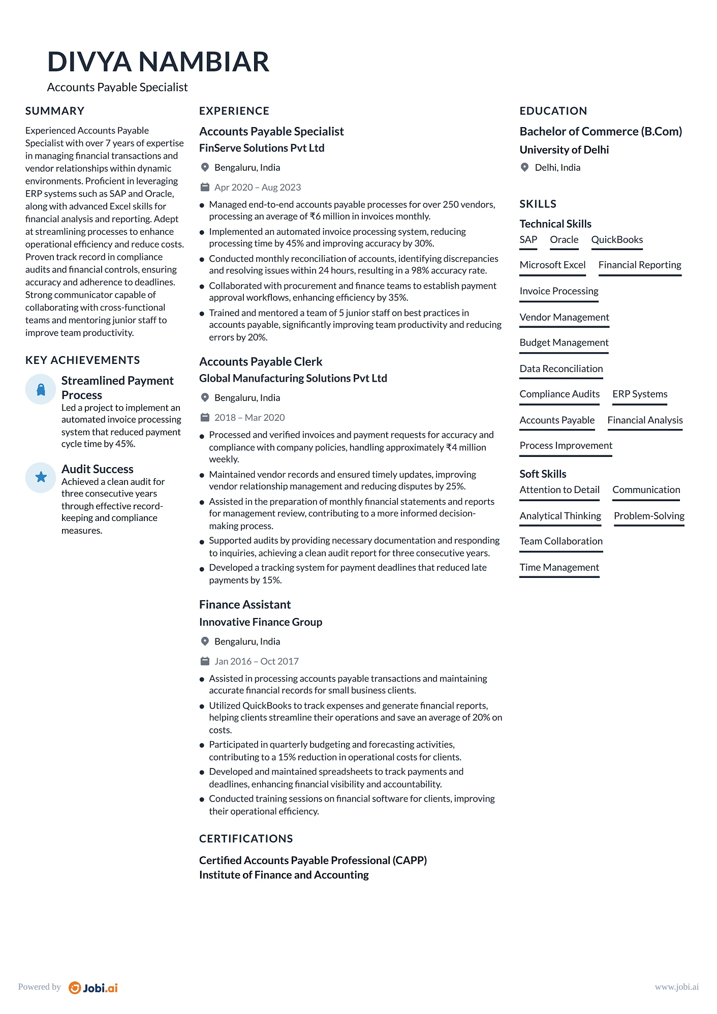 Bookkeeper resume example — Accounts Payable Specialist