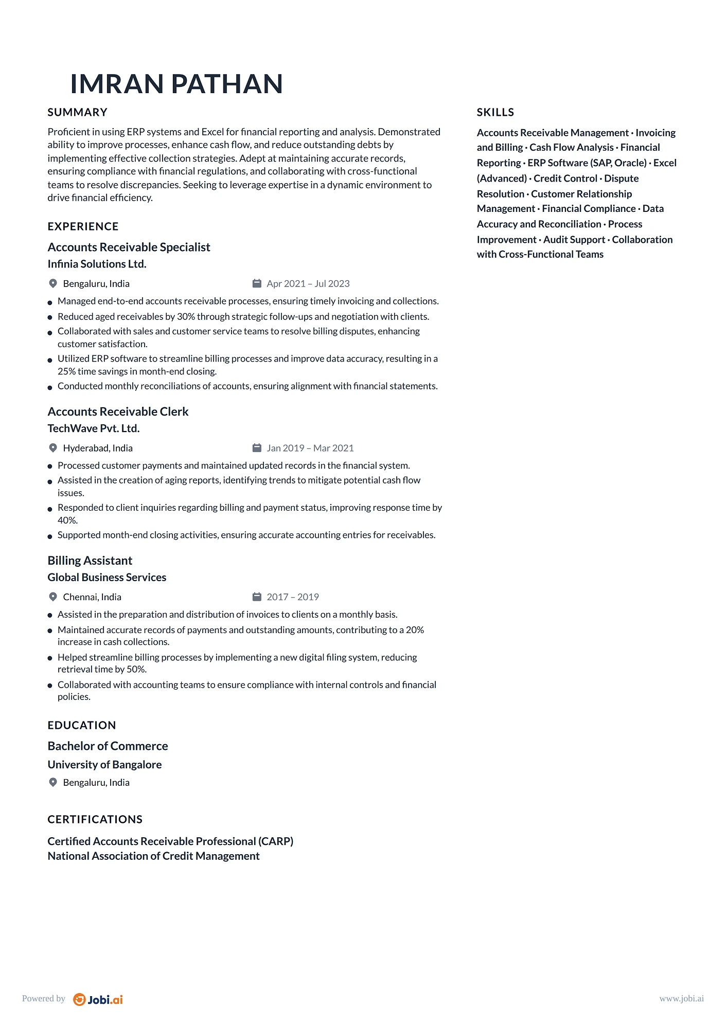Bookkeeper resume example — Accounts Receivable Specialist