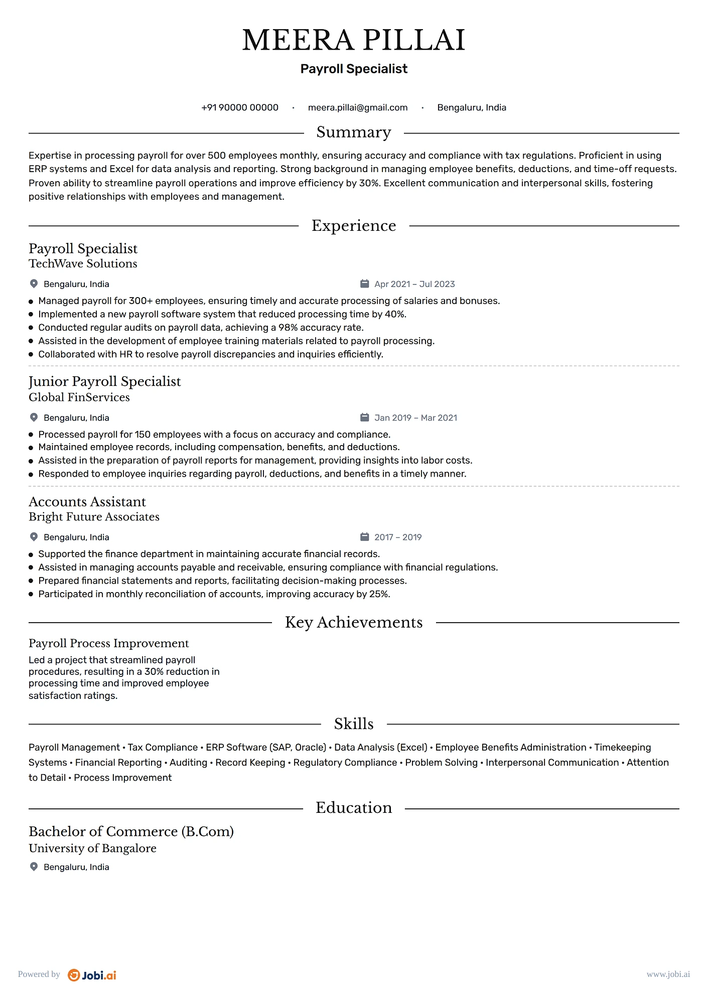 Bookkeeper resume example — Payroll Specialist