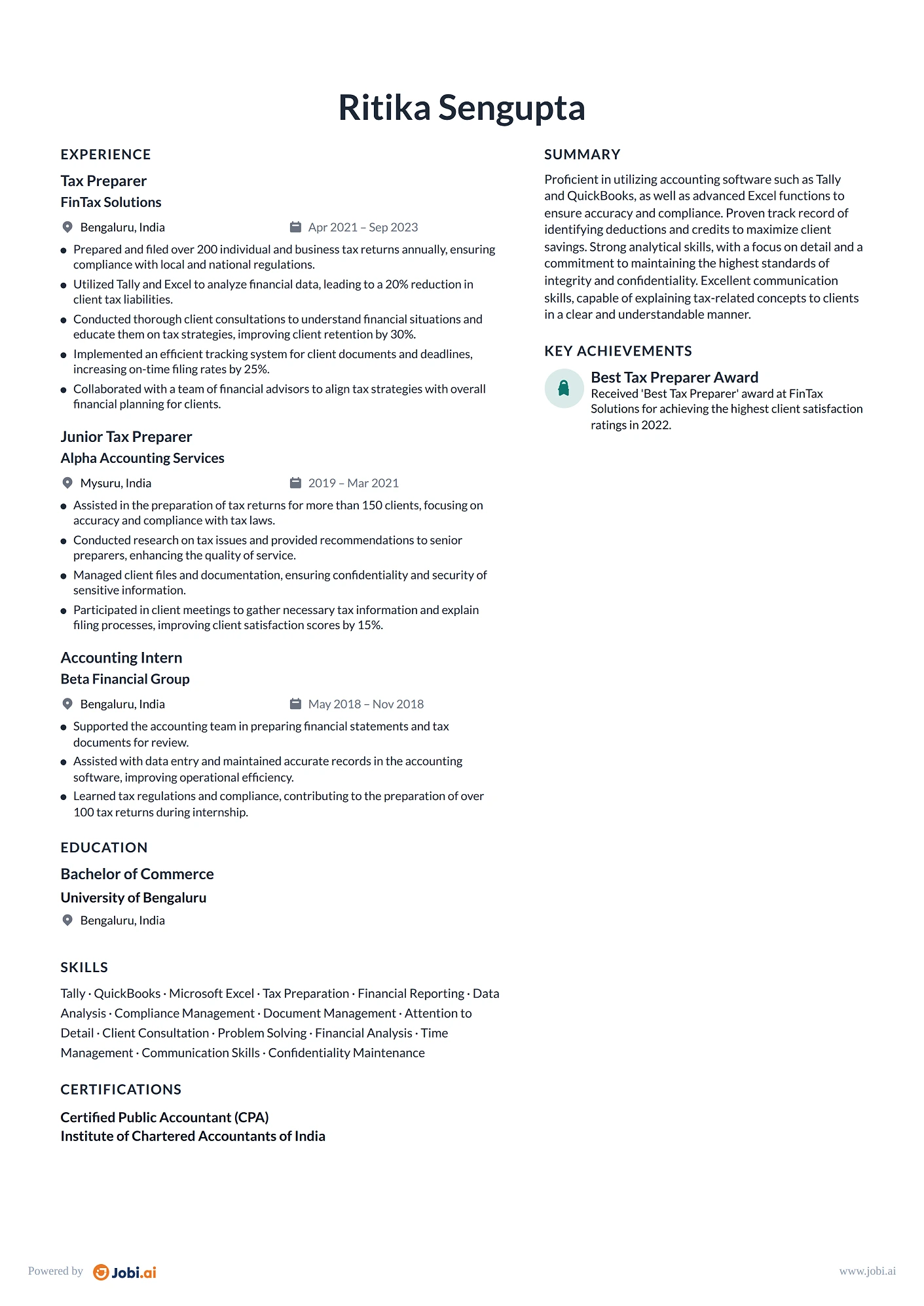 Bookkeeper resume example — Tax Preparer