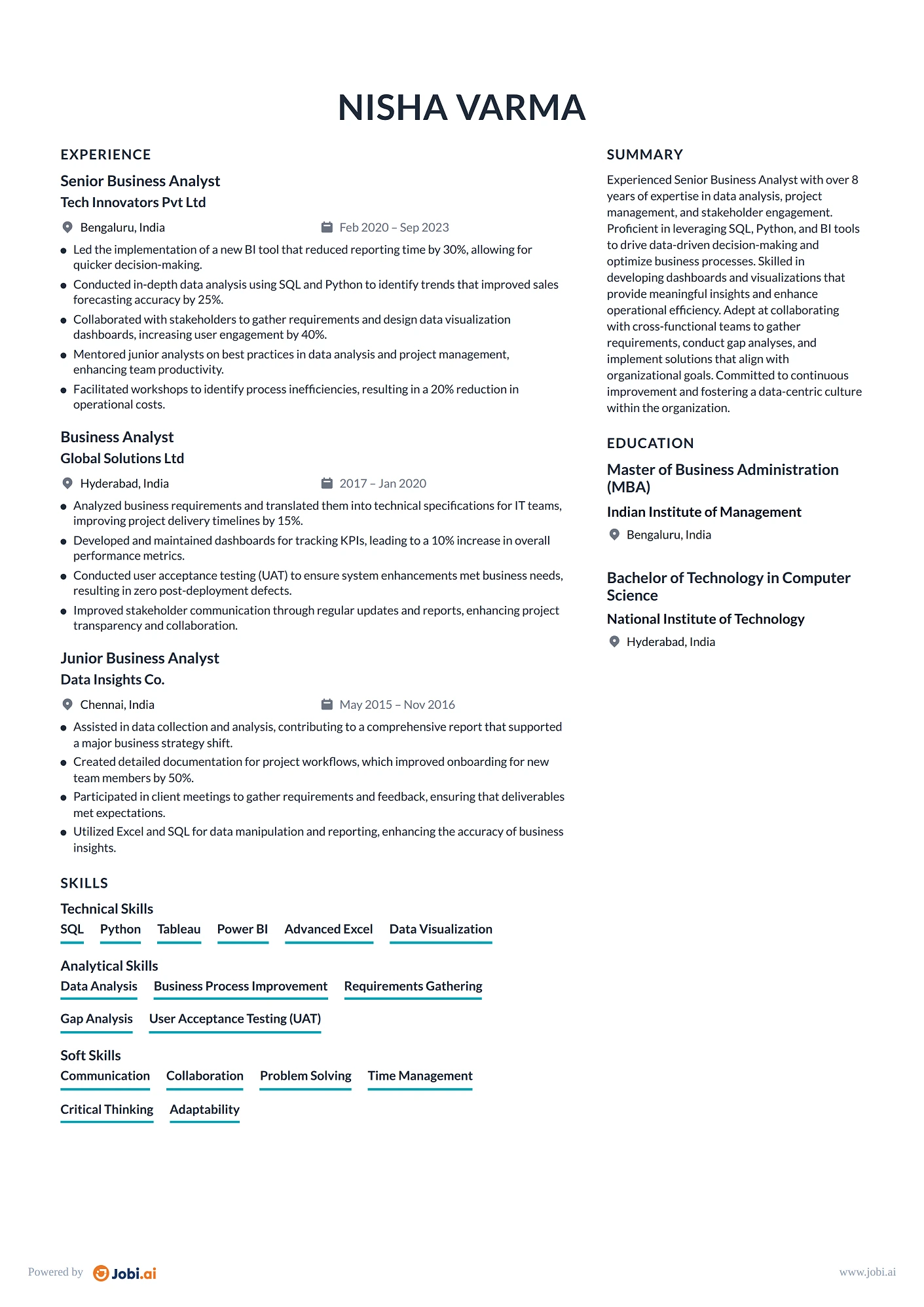 Business Analyst resume example — Senior Business Analyst