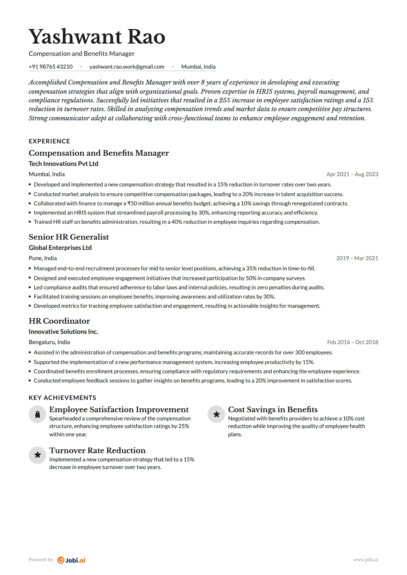 Compensation and Benefits Manager resume example