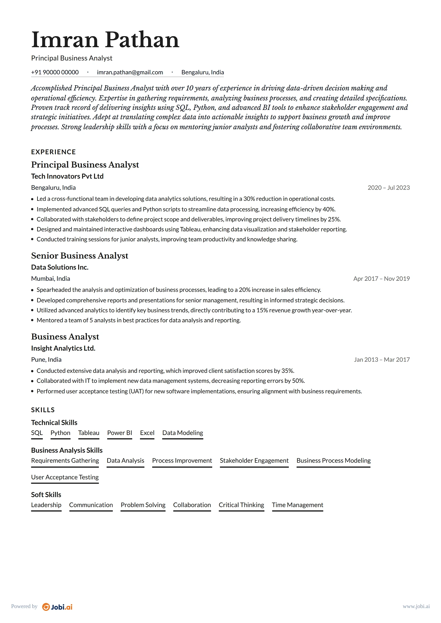 Business Analyst resume example — Principal Business Analyst