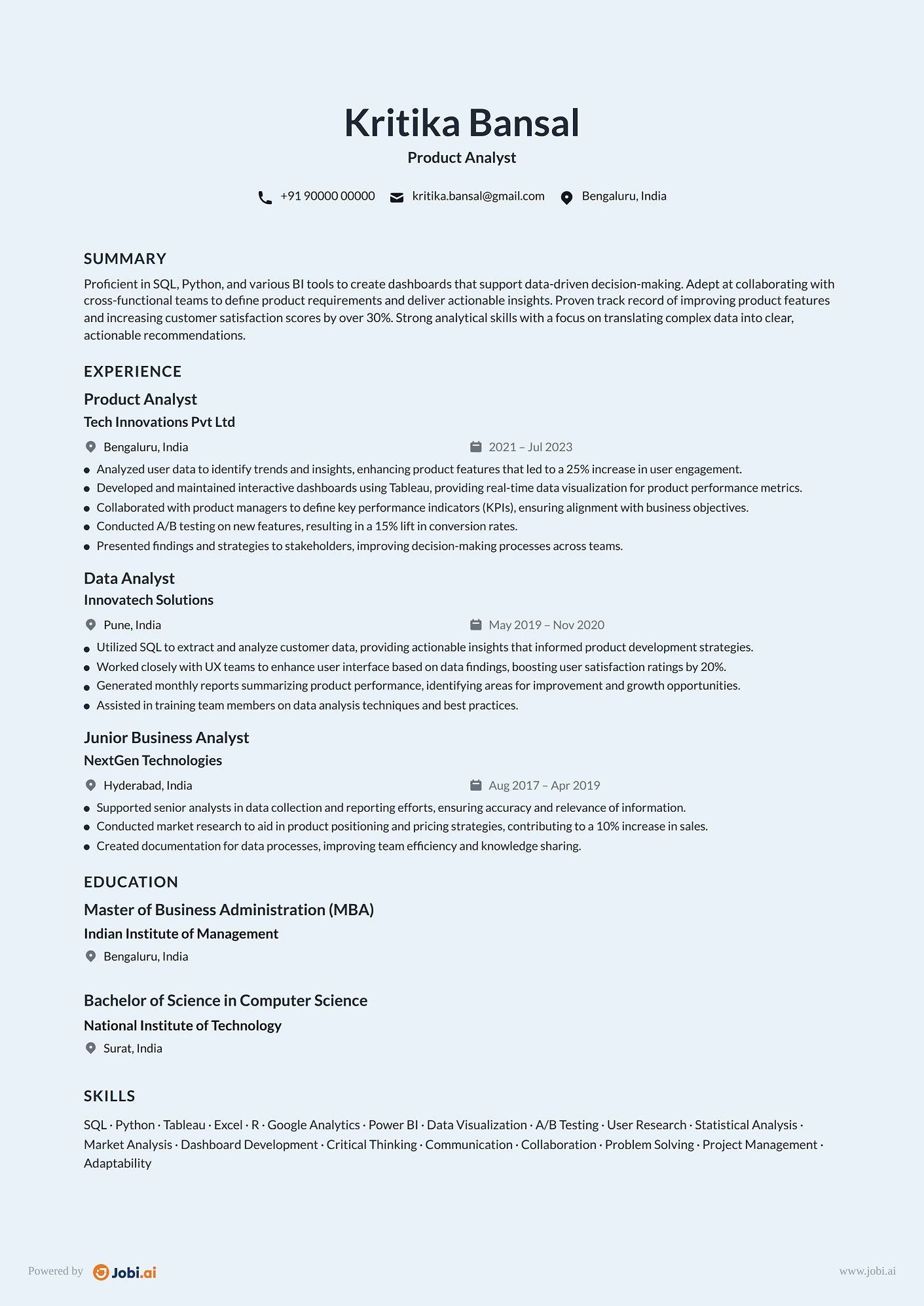 Business Analyst resume example — Product Analyst