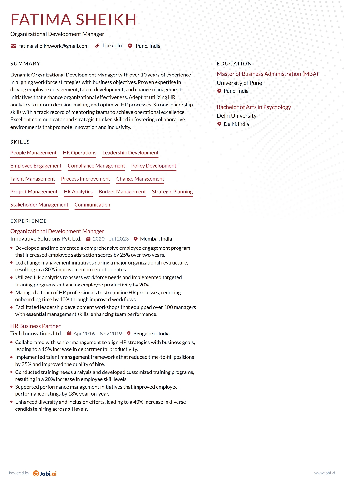 Organizational Development Manager resume example
