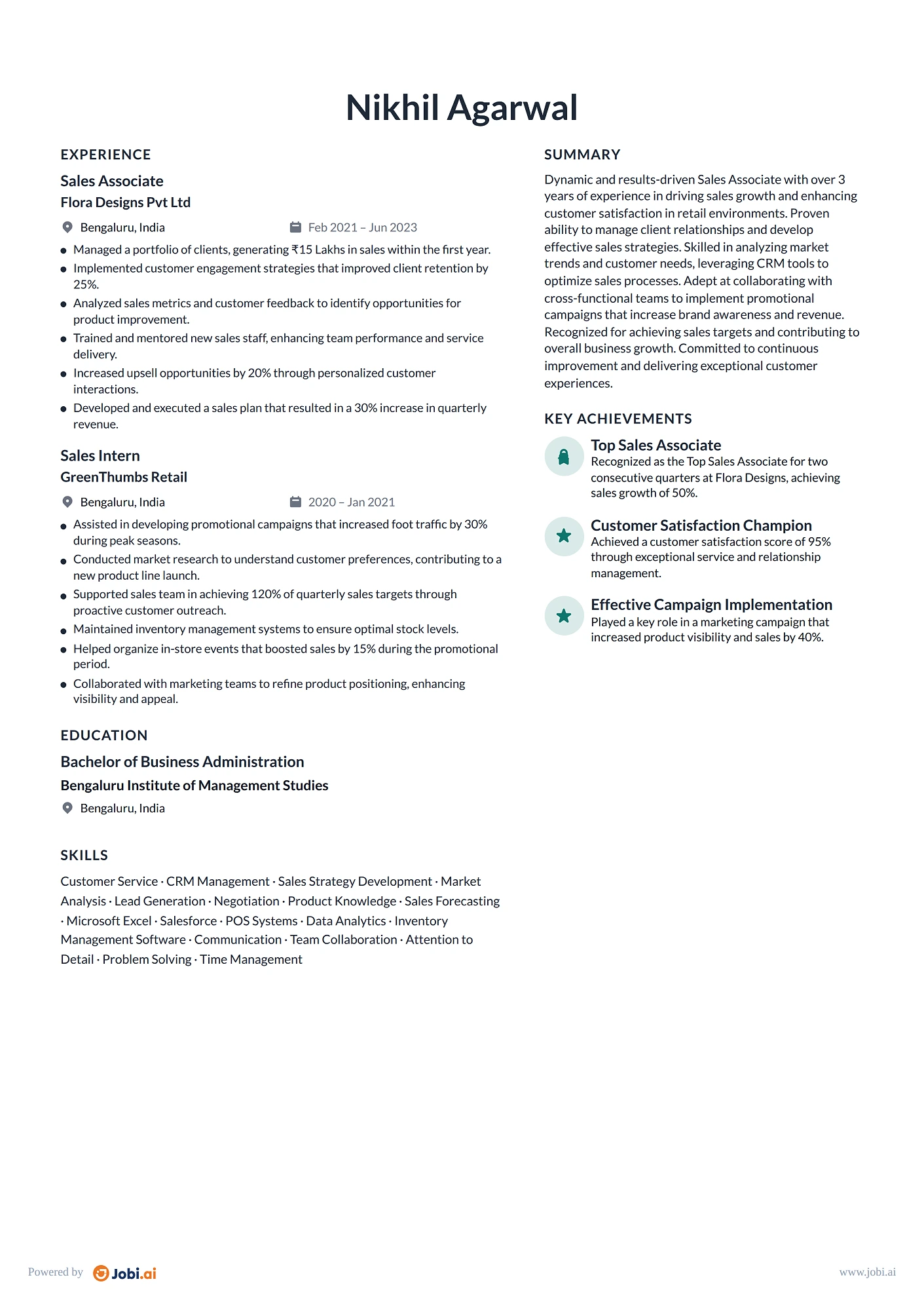 Business Development Manager resume example — Sales Associate