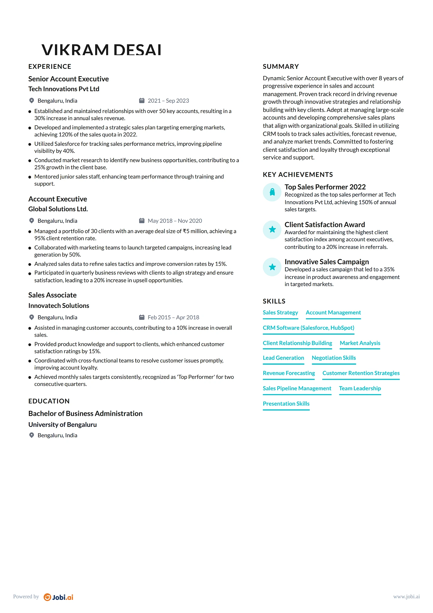 Business Development Manager resume example — Senior Account Executive