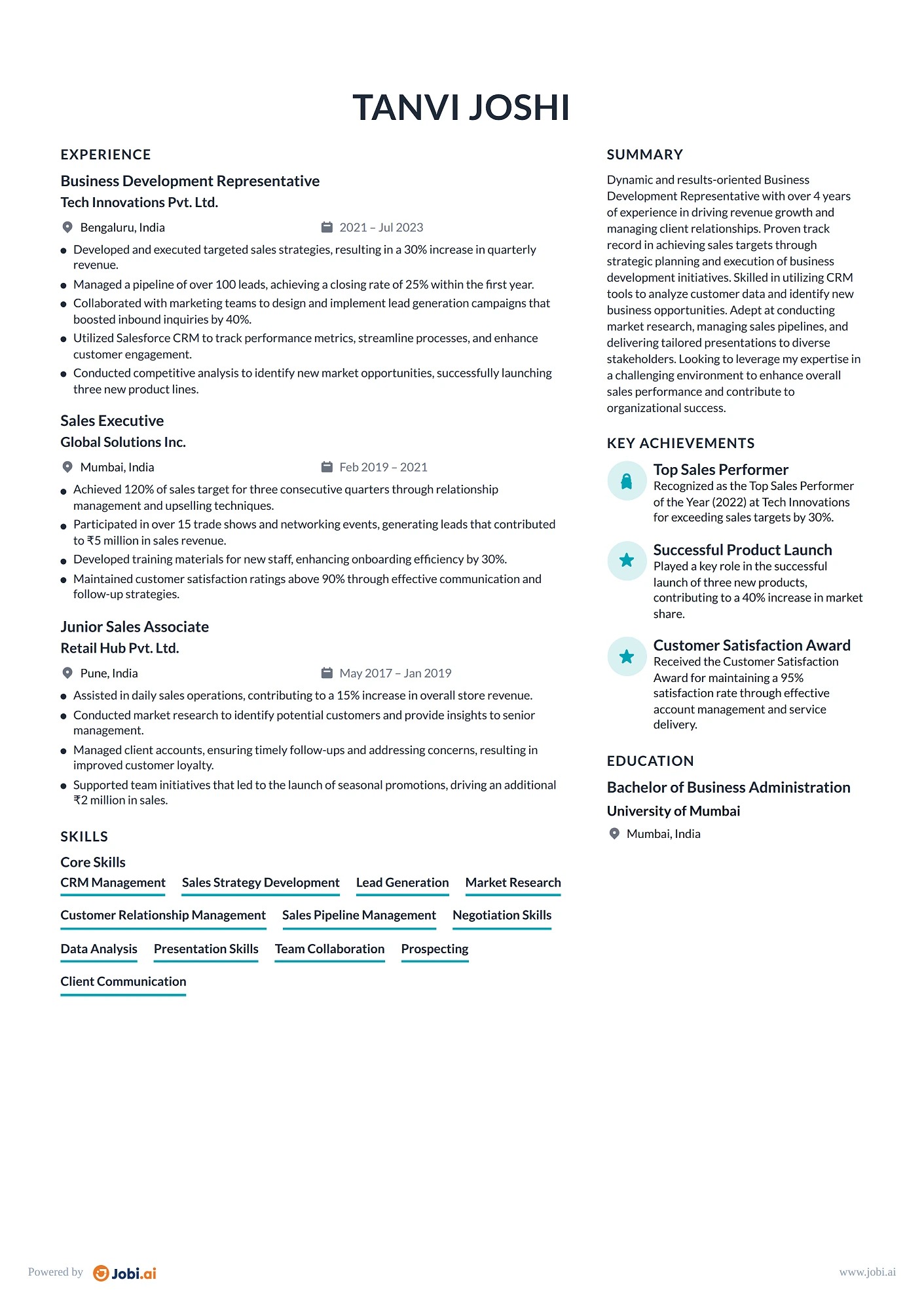 Business Development Manager resume example — Business Development Representative