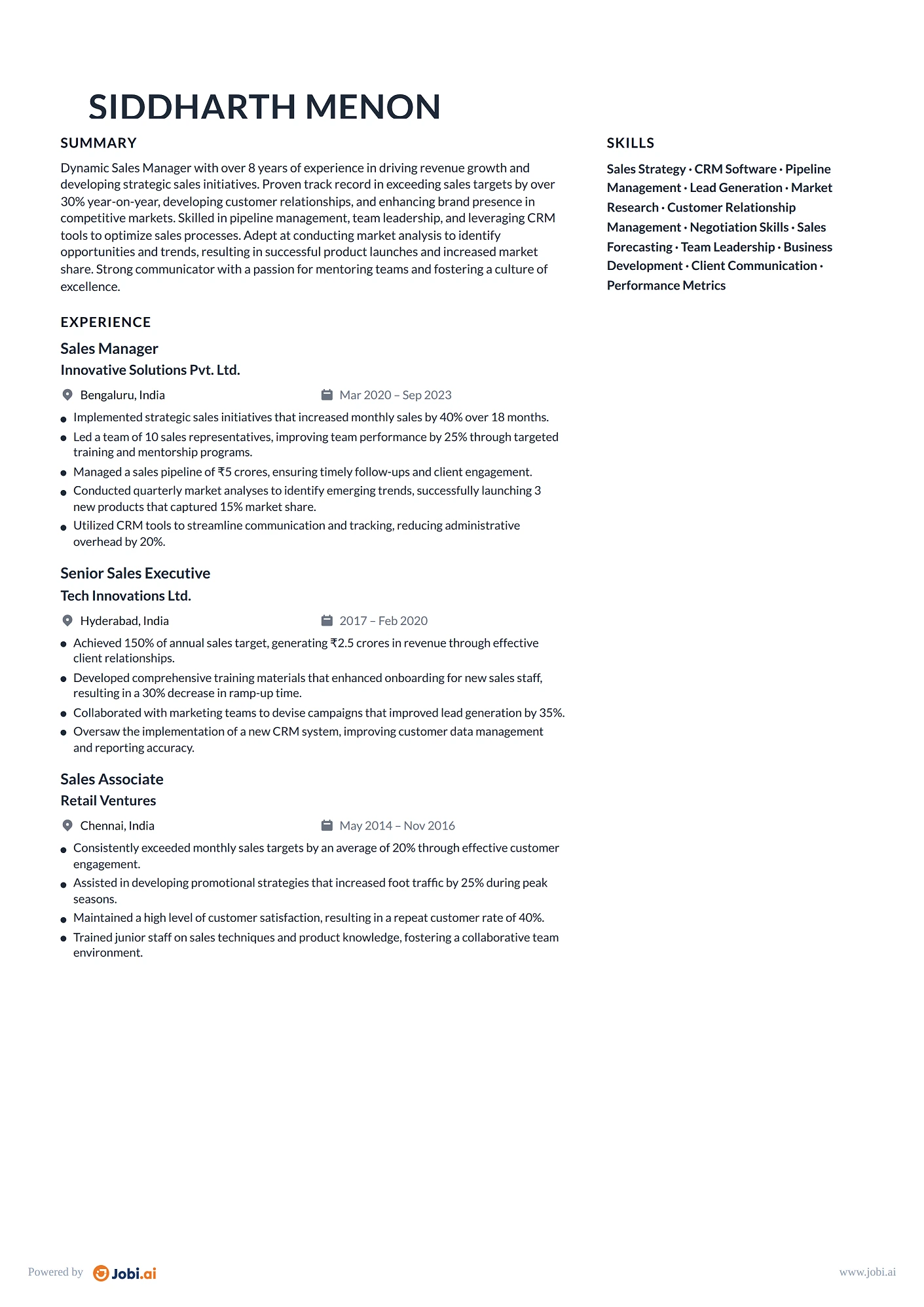 Business Development Manager resume example — Sales Manager