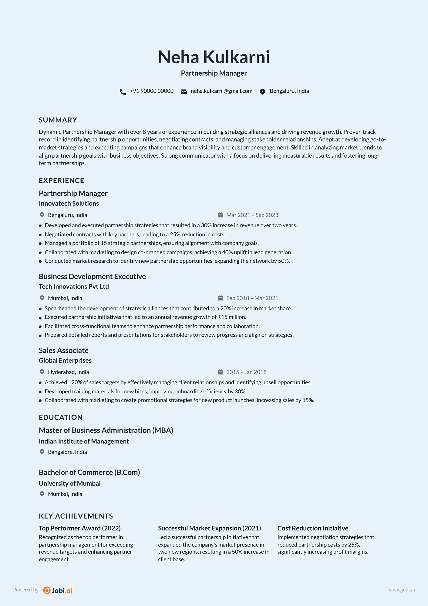 Business Development Manager resume example — Partnership Manager