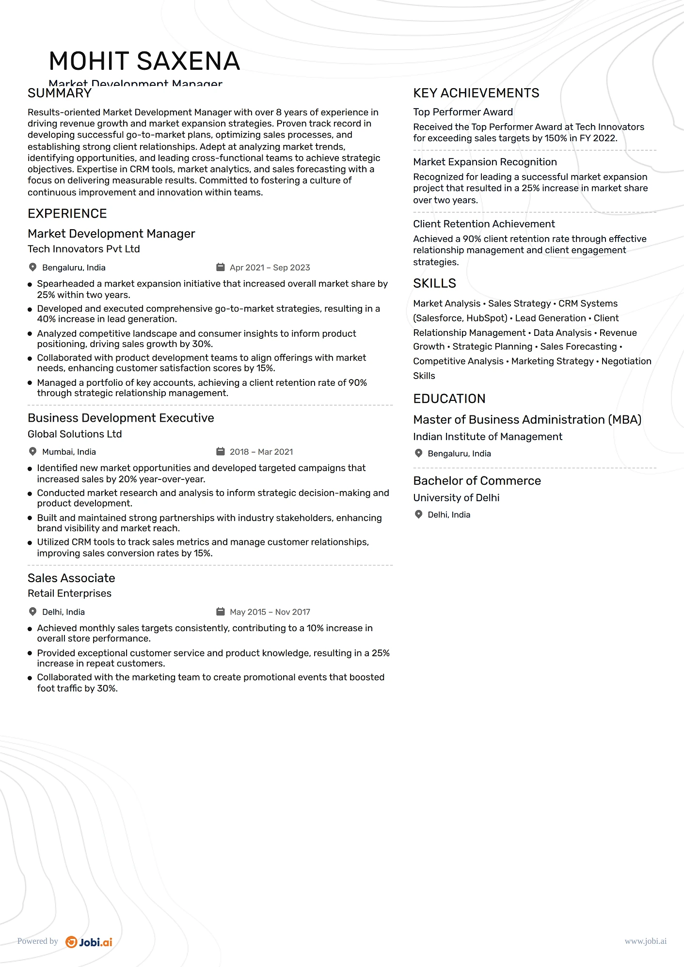 Business Development Manager resume example — Market Development Manager