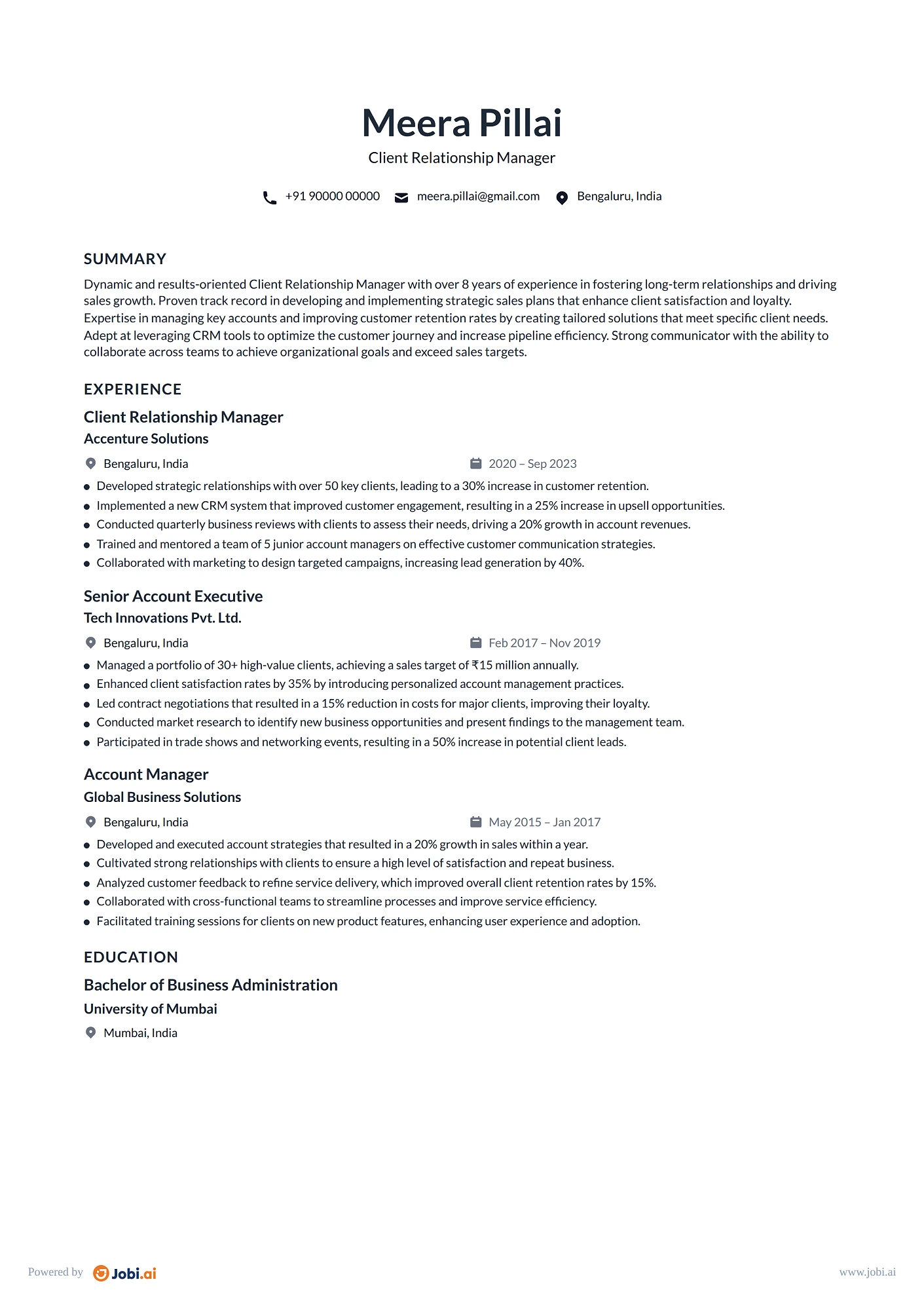 Business Development Manager resume example — Client Relationship Manager