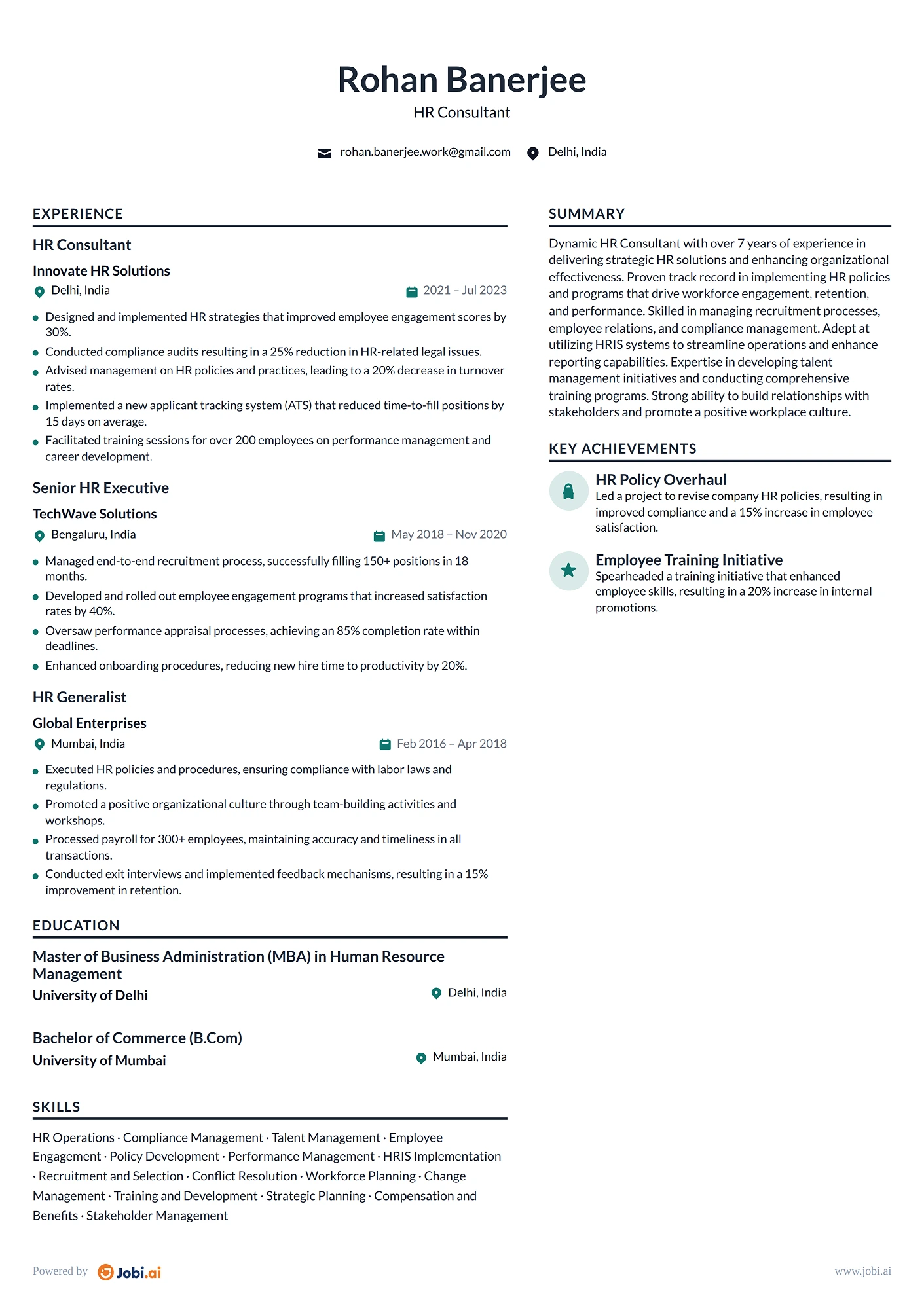 HR Consultant resume example