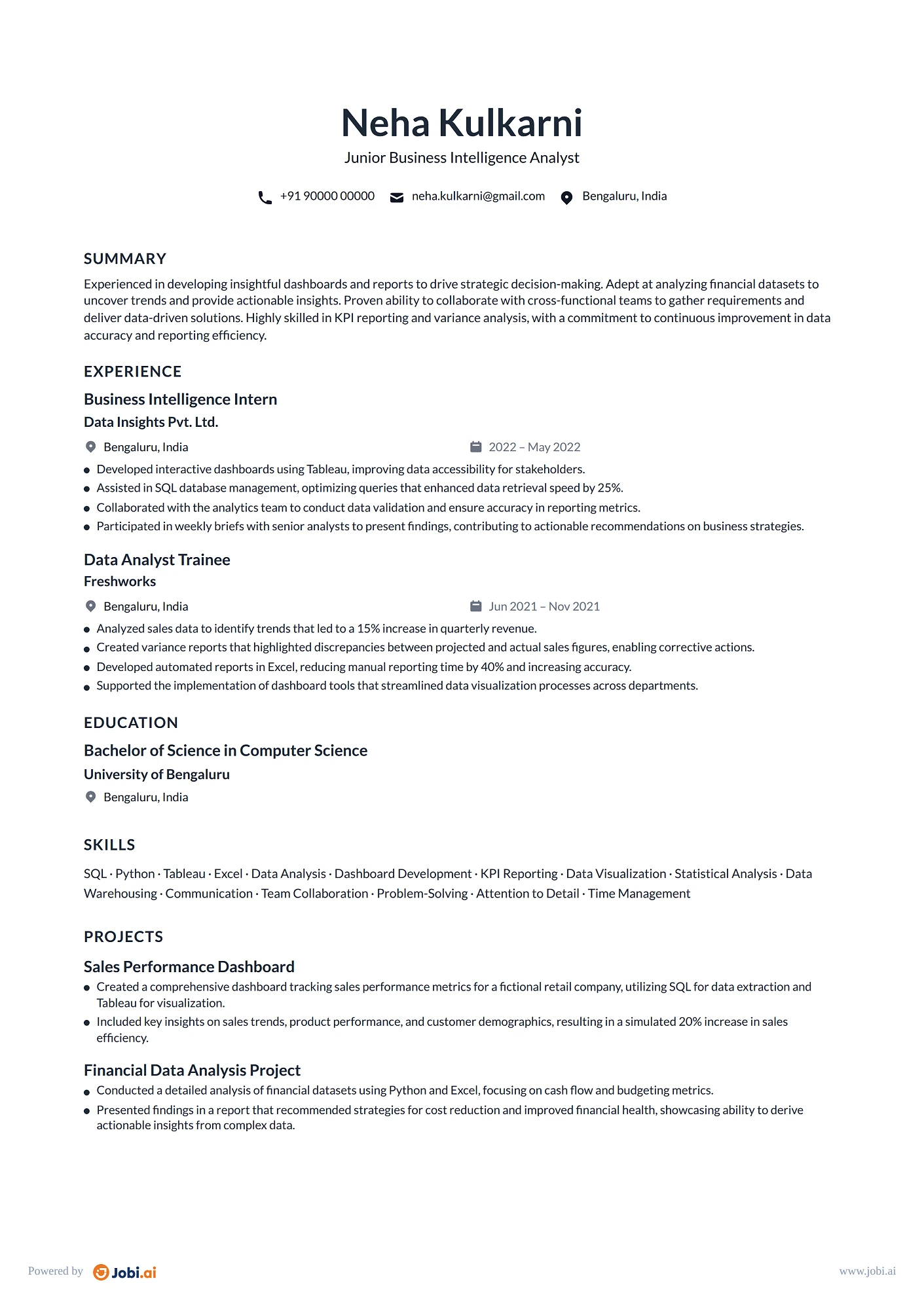 Business Intelligence Analyst resume example